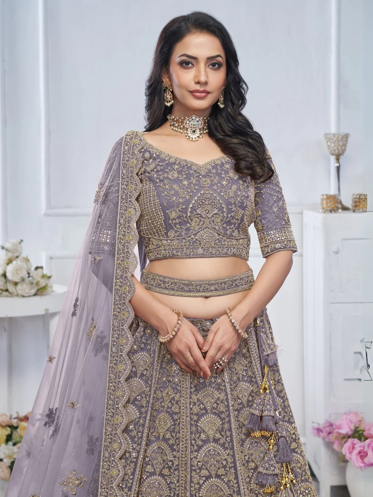 Odette Purple  Soft Net Embroidered Semi-Stitched Lehenga With Unstitched Blouse For Women - Image 3