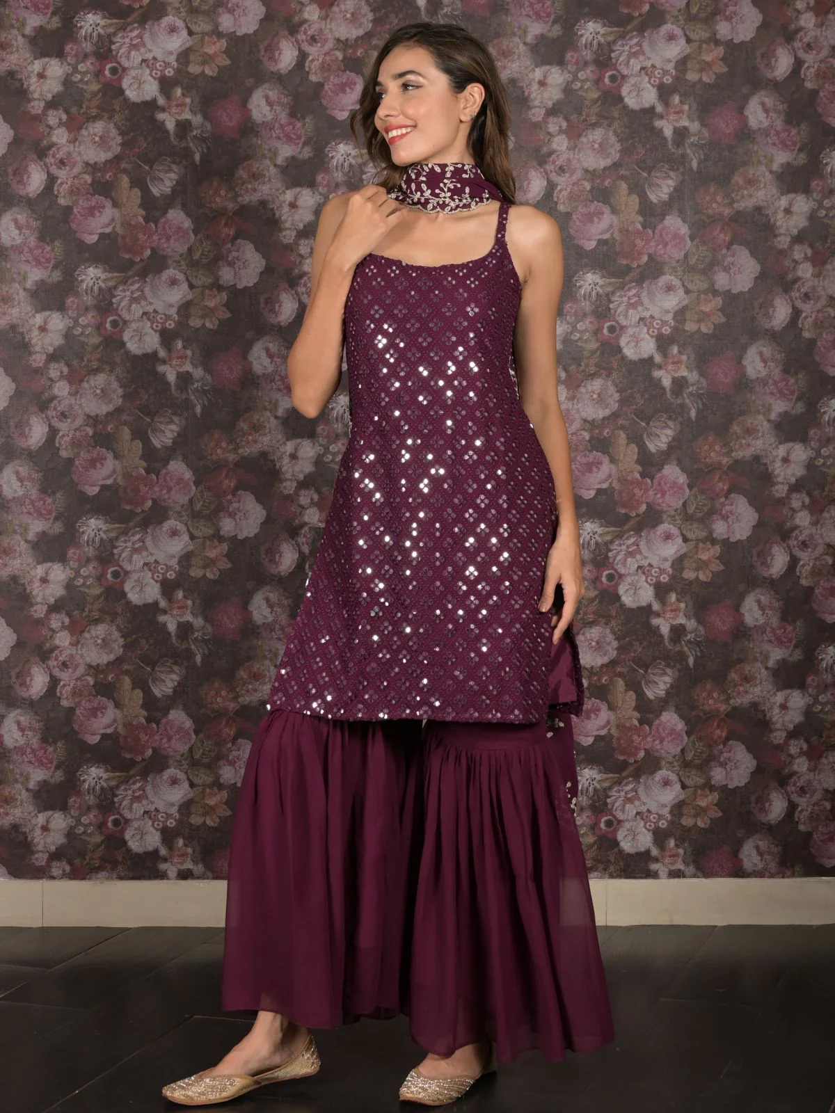 Odette Purple Straight Embroidered Stitched Kurta Set With Dupatta For Women - Image 2