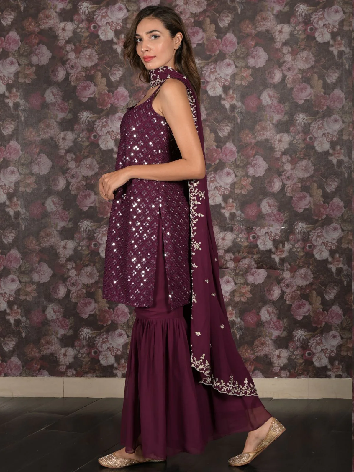 Odette Purple Straight Embroidered Stitched Kurta Set With Dupatta For Women - Image 3
