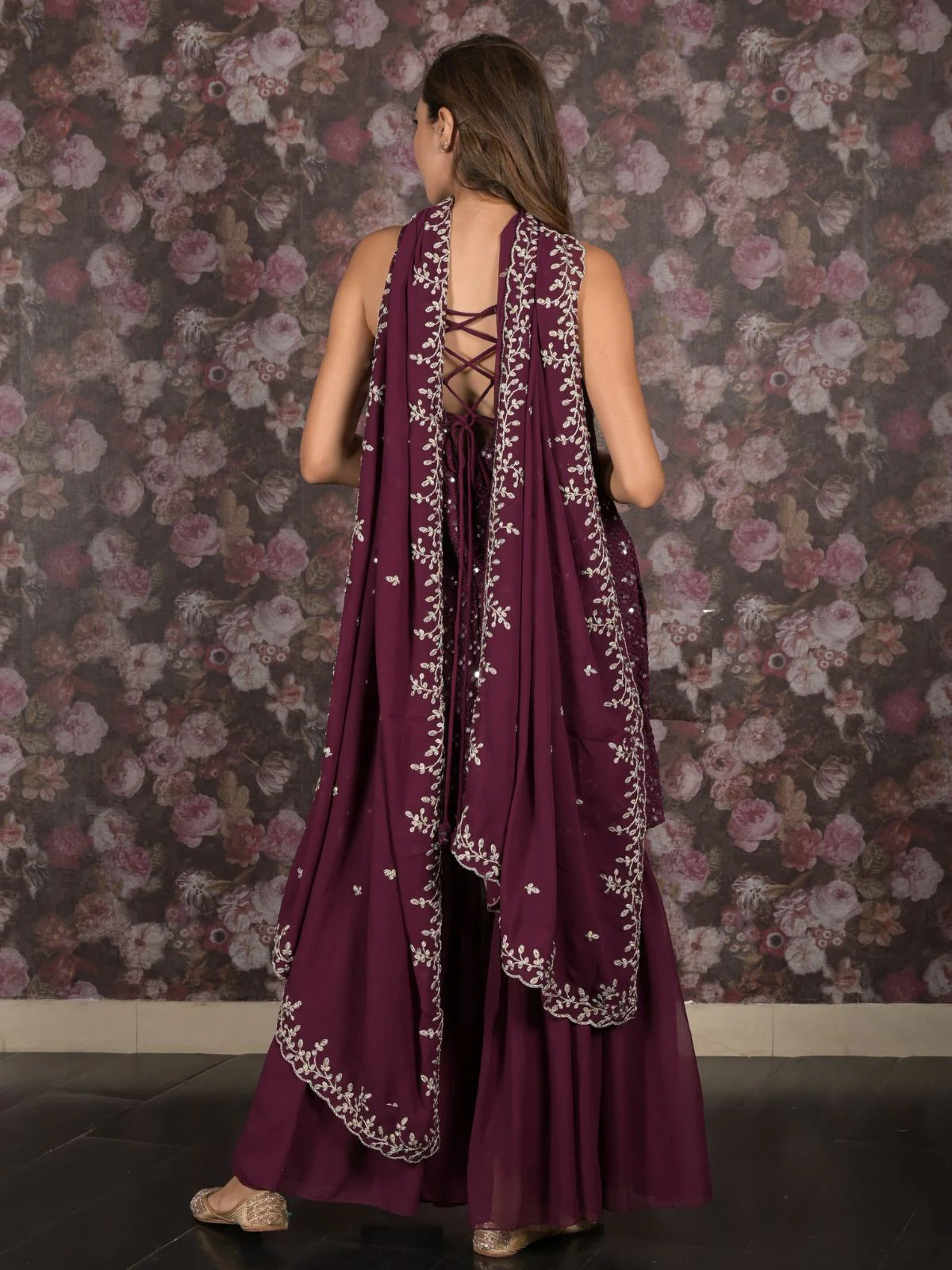 Odette Purple Straight Embroidered Stitched Kurta Set With Dupatta For Women - Image 4