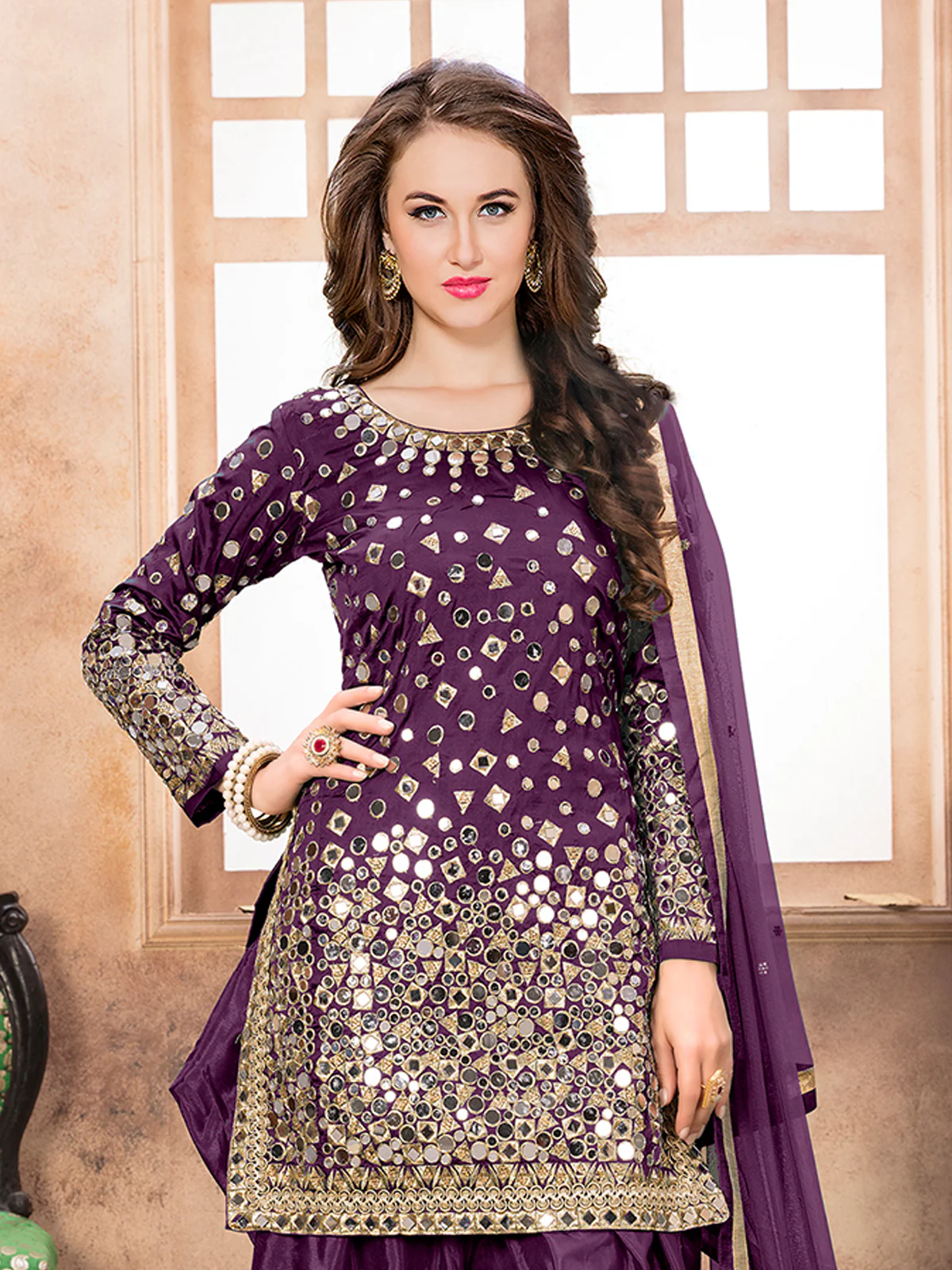 Odette Purple Tafeta Embellished Semi stitched Kurta Set For Women - Image 2