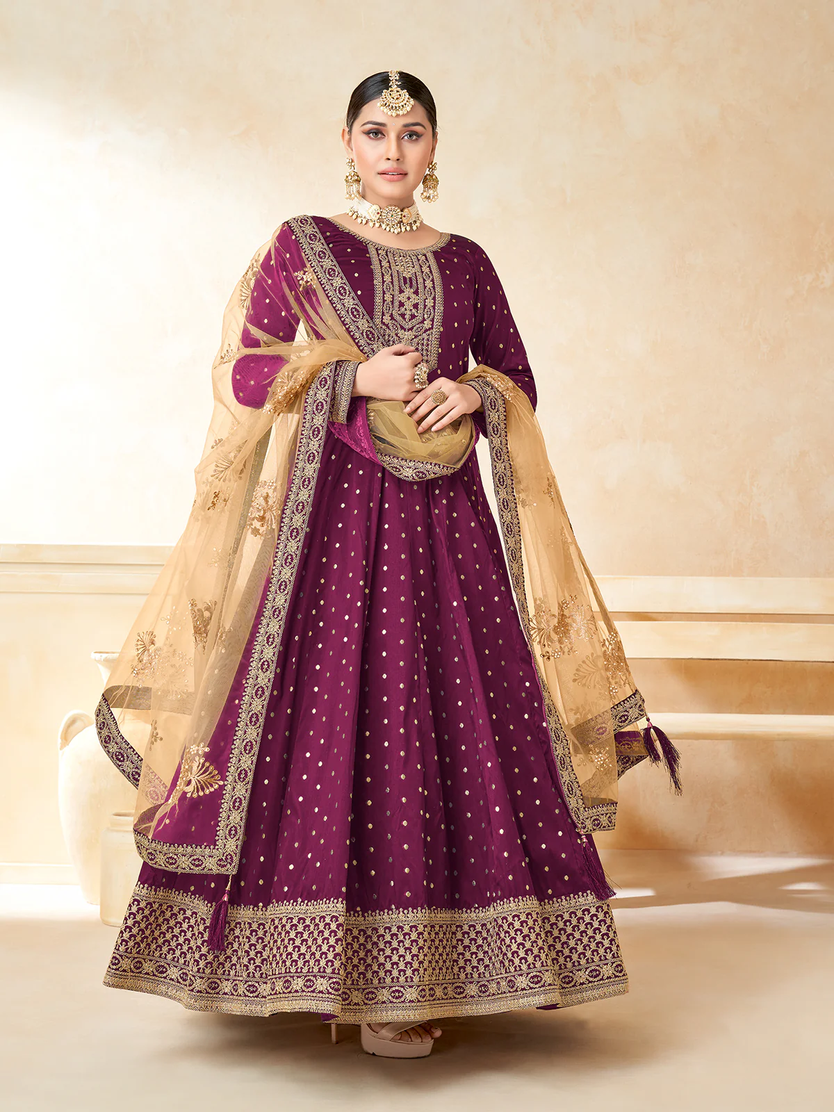 Odette Purple Tafeta Embroidered Semi stitched Kurta Set For Women