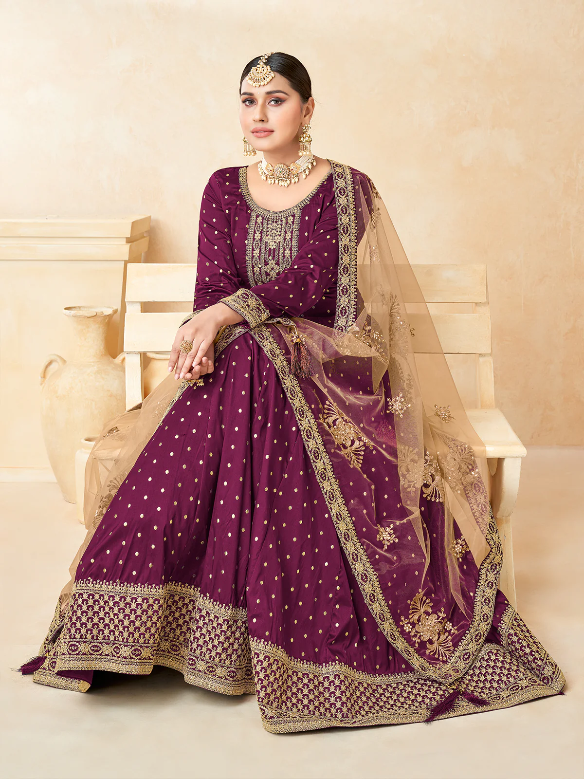Odette Purple Tafeta Embroidered Semi stitched Kurta Set For Women - Image 2