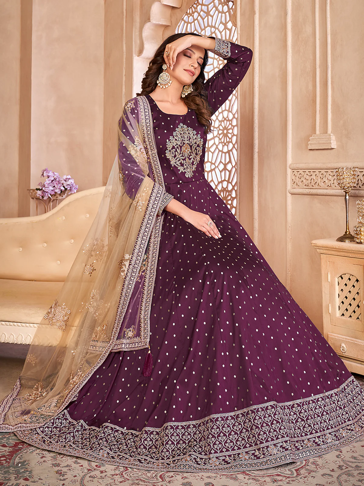 Odette Purple Tafeta Embroidered Semi stitched Kurta Set  For Women - Image 2
