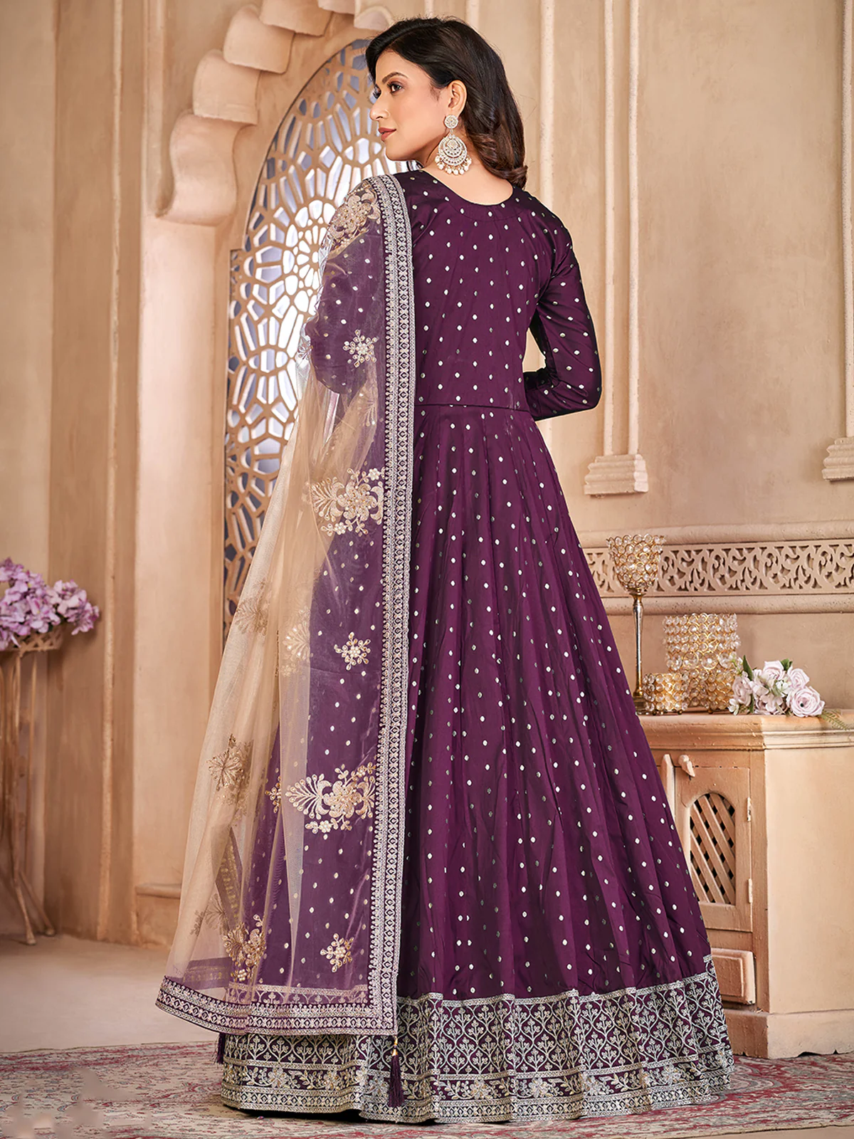 Odette Purple Tafeta Embroidered Semi stitched Kurta Set  For Women - Image 3