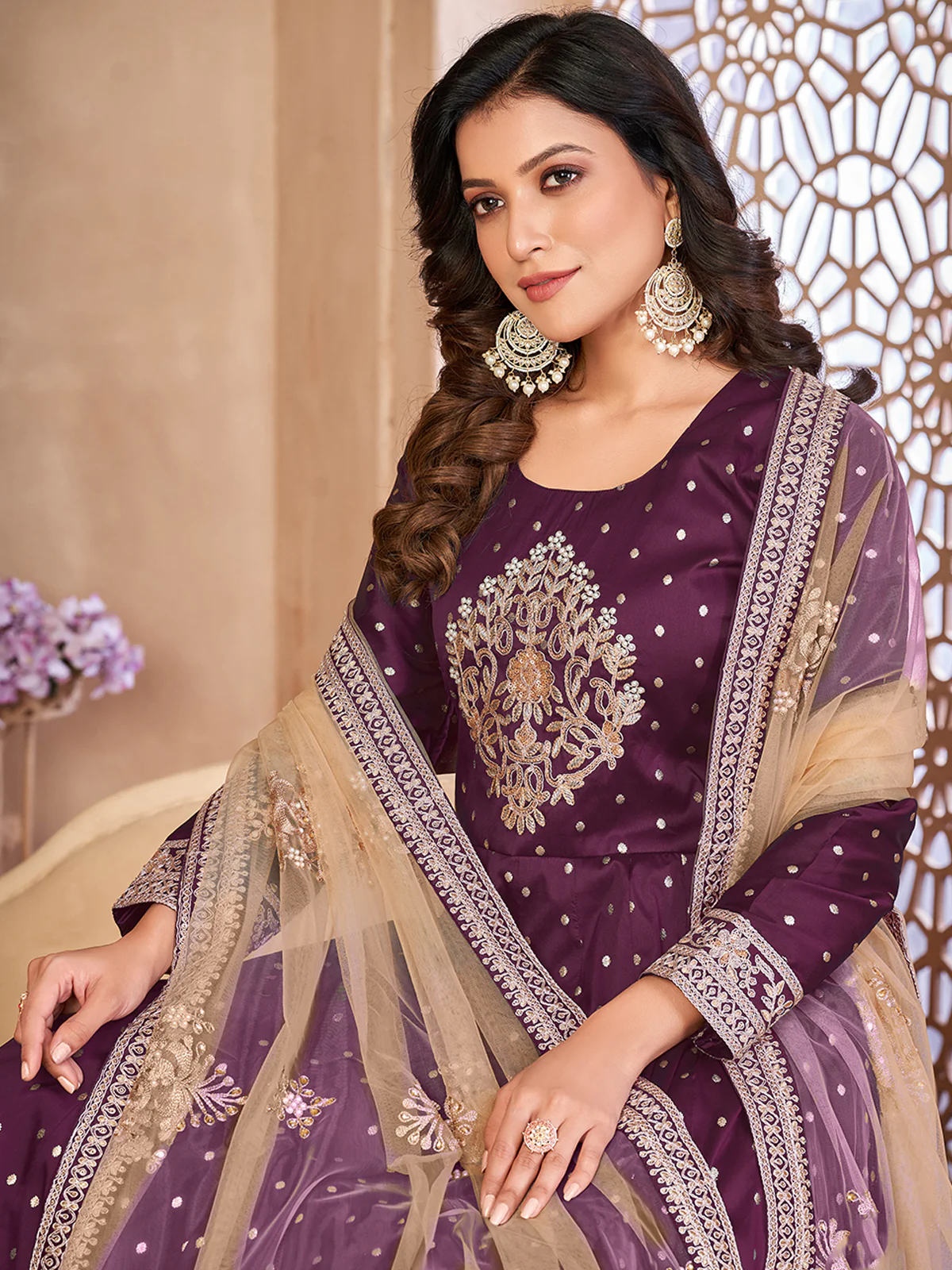 Odette Purple Tafeta Embroidered Semi stitched Kurta Set  For Women - Image 4