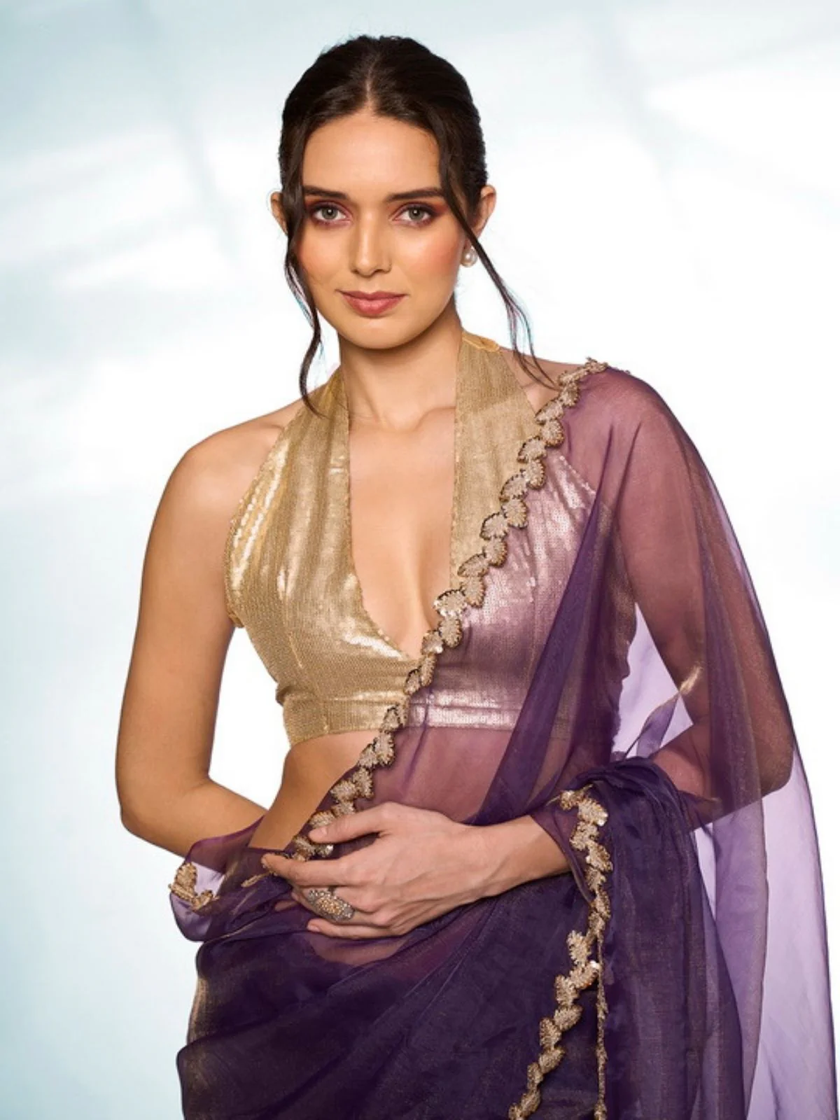 Odette Purple Tissue Lace Work Saree With Unstitched Blouse For Women - Image 4