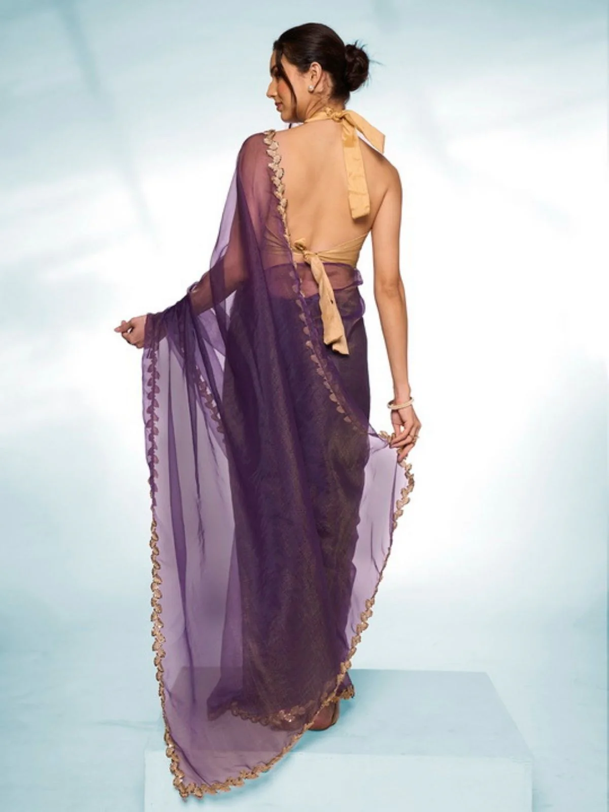 Odette Purple Tissue Lace Work Saree With Unstitched Blouse For Women - Image 5