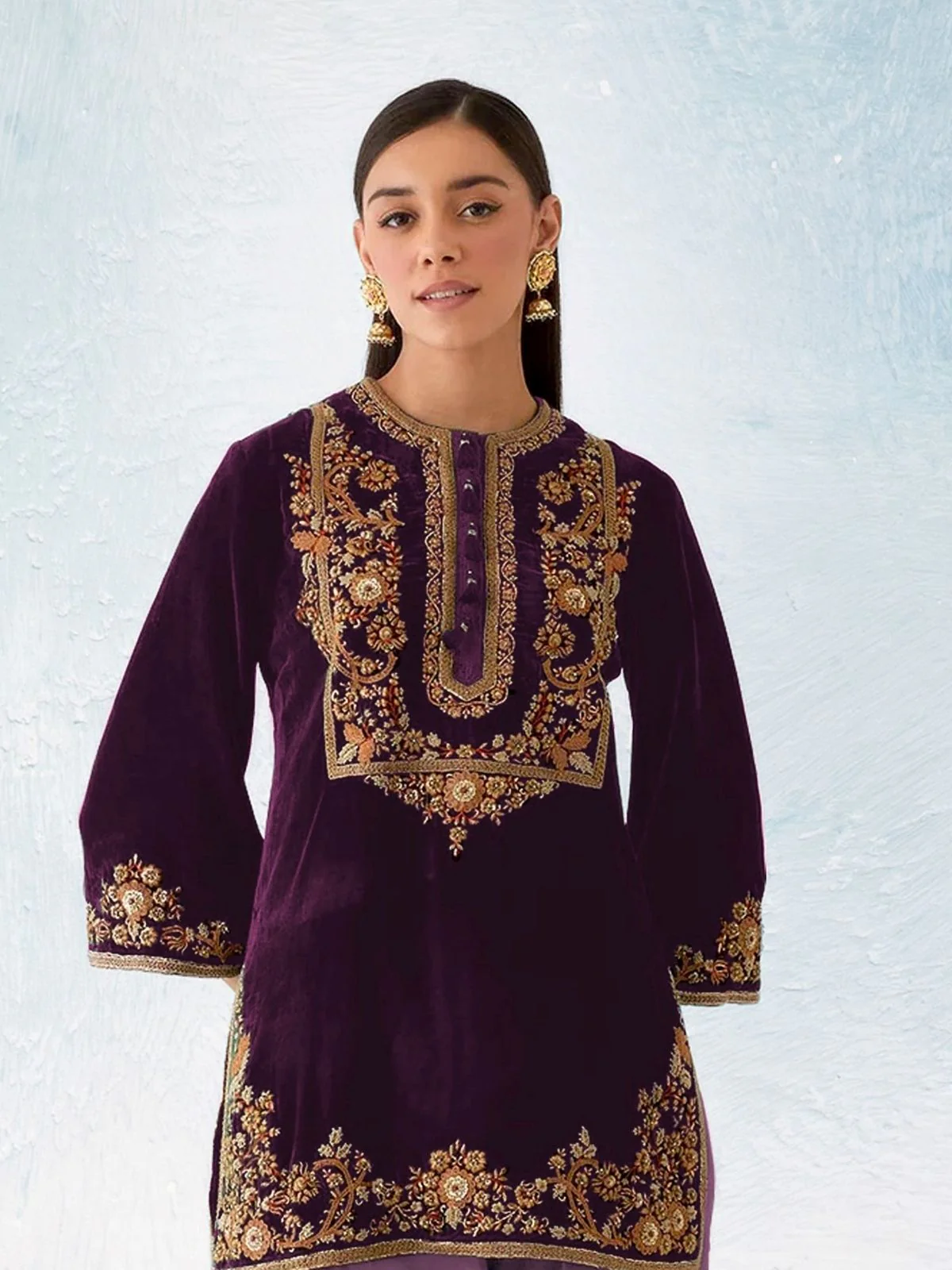 Odette Purple Velvet Embroidered Semi-Sitched Kurta Set For Women - Image 2