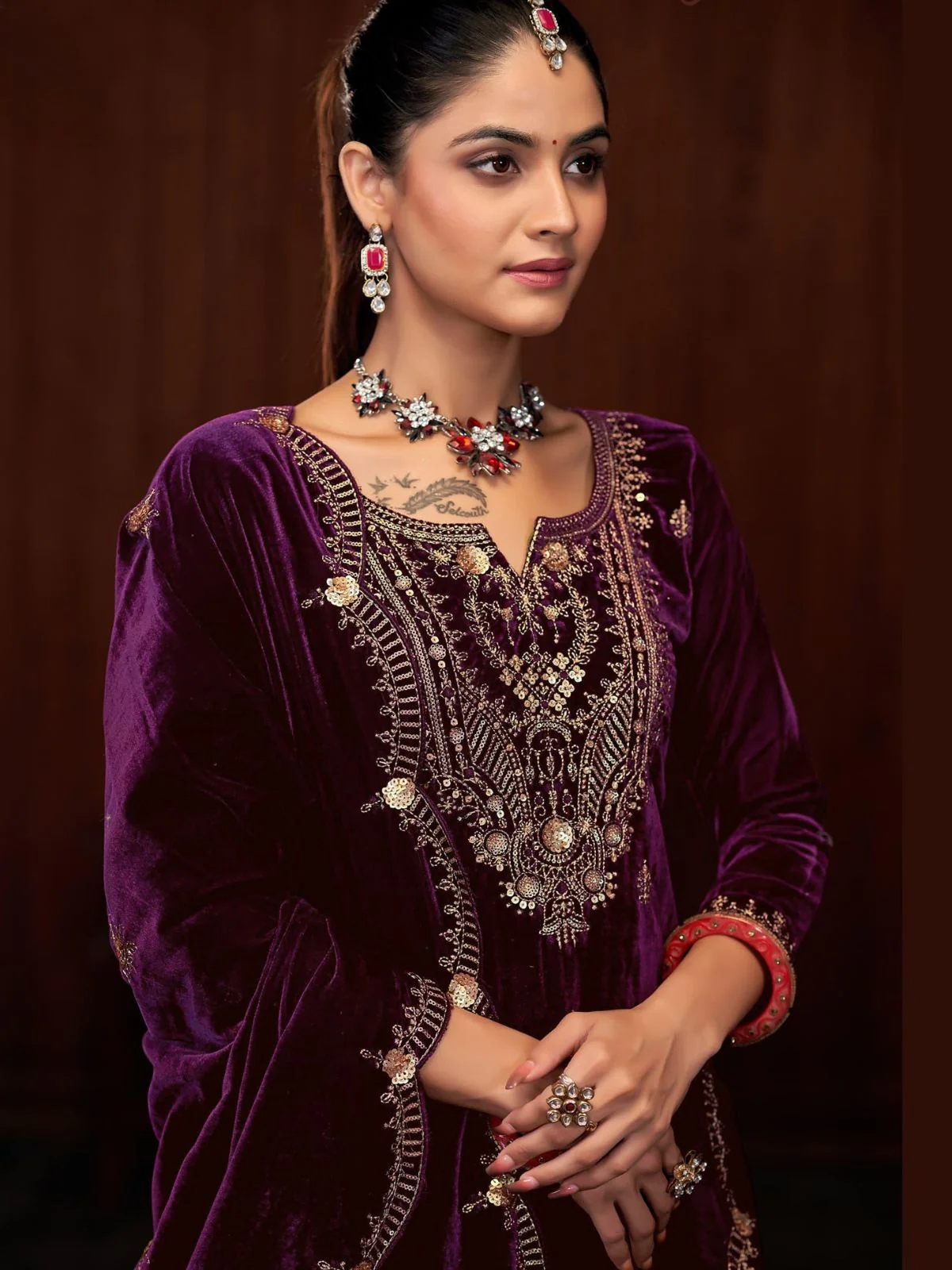 Odette Purple Velvet Embroidered Semi-Stitched Kurta Set For Women - Image 2