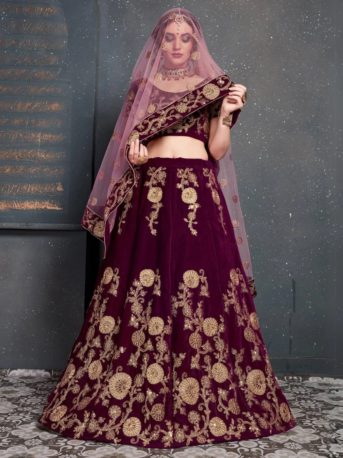 Odette Purple Velvet Embroidered Semi Stitched Lehenga With Blouse For Women - Image 2
