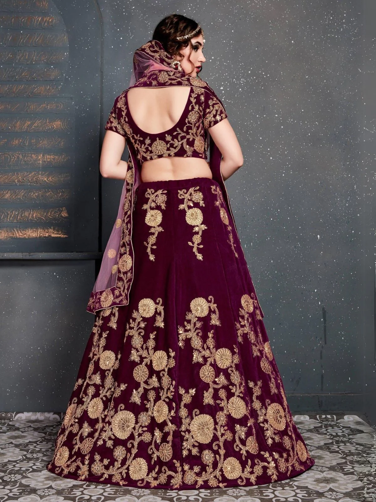 Odette Purple Velvet Embroidered Semi Stitched Lehenga With Blouse For Women - Image 4