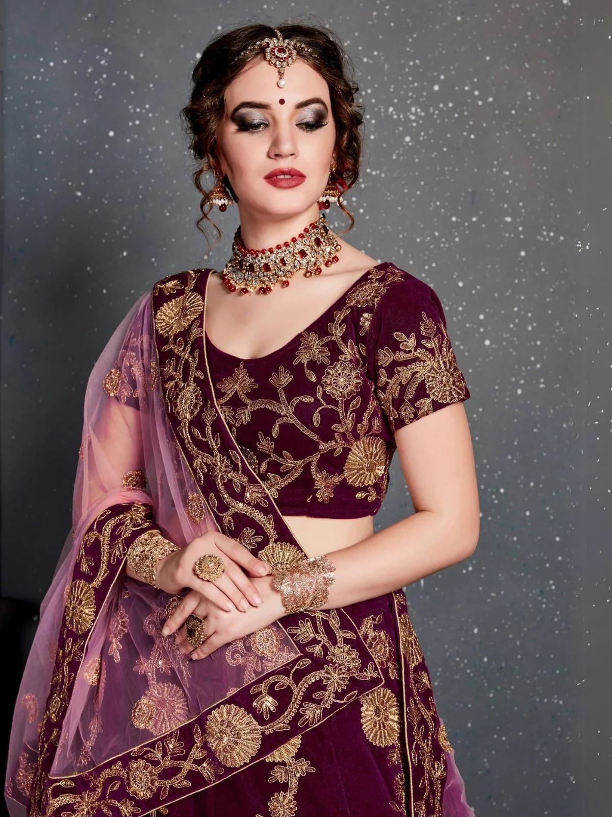 Odette Purple Velvet Embroidered Semi Stitched Lehenga With Blouse For Women - Image 5