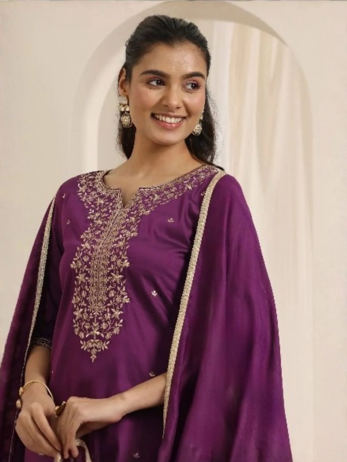 Odette Purple Viscose Chanderi Embriodered Stitched Kurta Set For Women - Image 3
