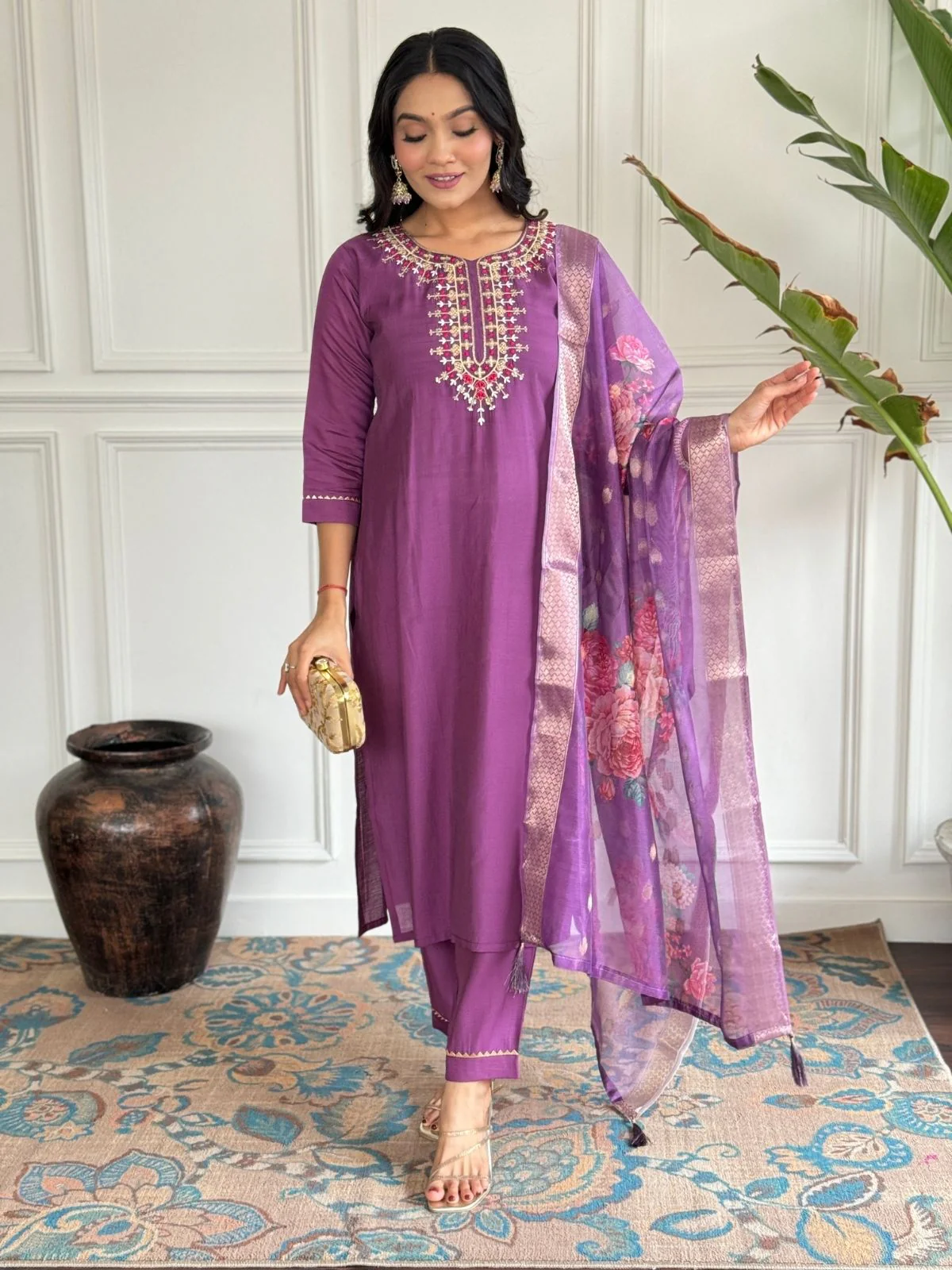 Odette Purple Viscose chanderi Embroidered Stitched Kurta Set For Women - Image 2