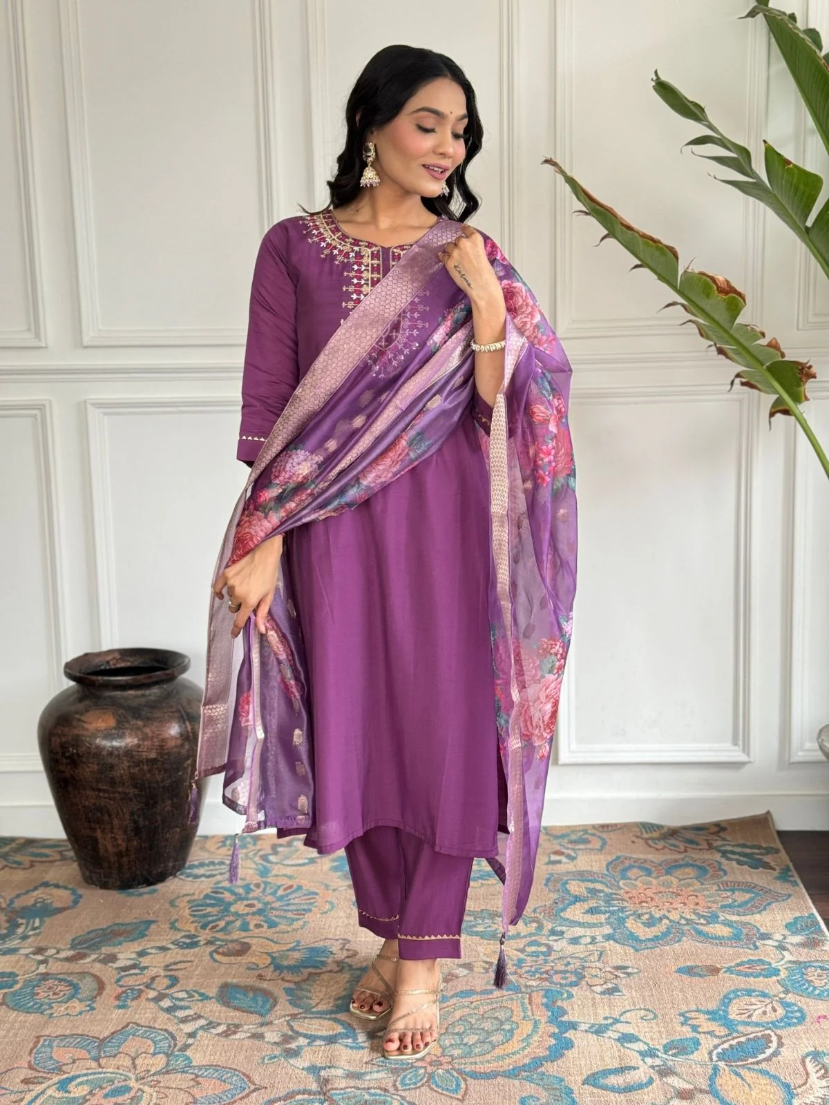 Odette Purple Viscose chanderi Embroidered Stitched Kurta Set For Women - Image 3