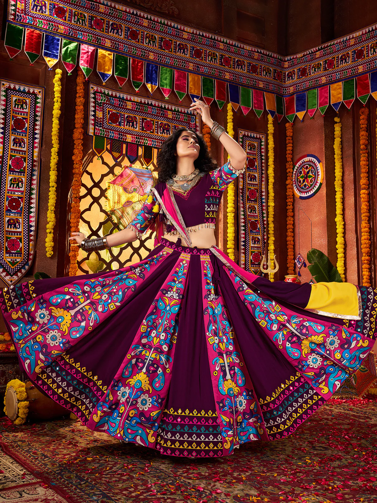 Odette Purple Viscose Cotton Printed Semi-Stitched Lehenga For Women - Image 2