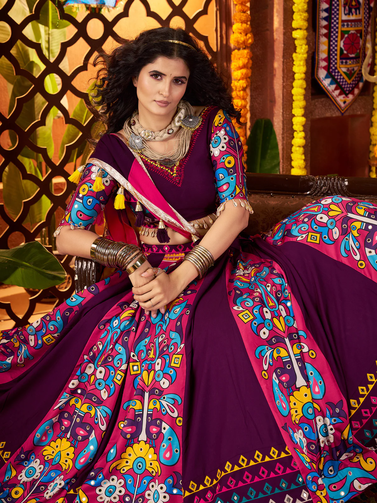Odette Purple Viscose Cotton Printed Semi-Stitched Lehenga For Women - Image 4
