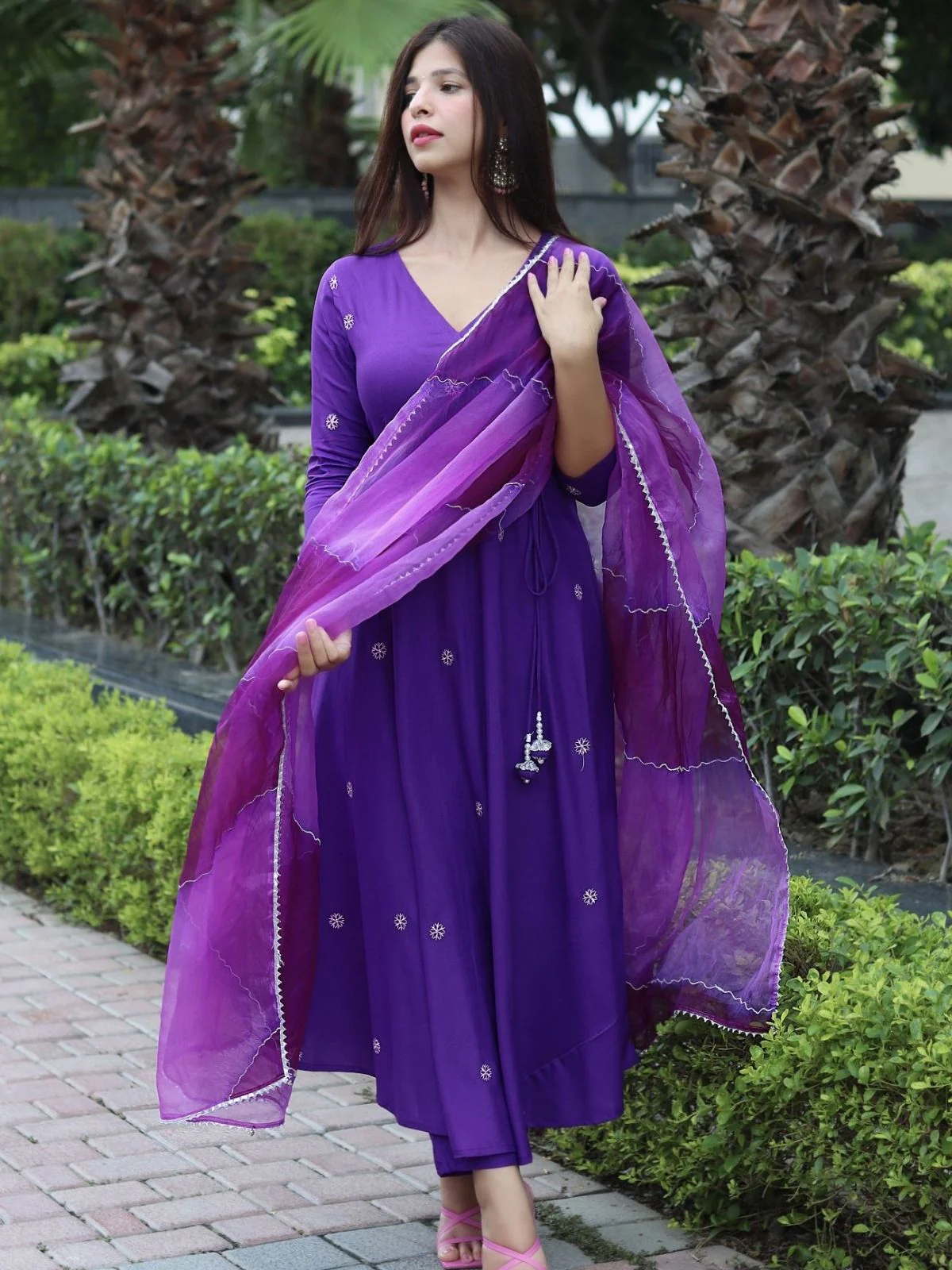 Odette Purple Viscose Embroidered Stiched Kurta Set For Women - Image 2