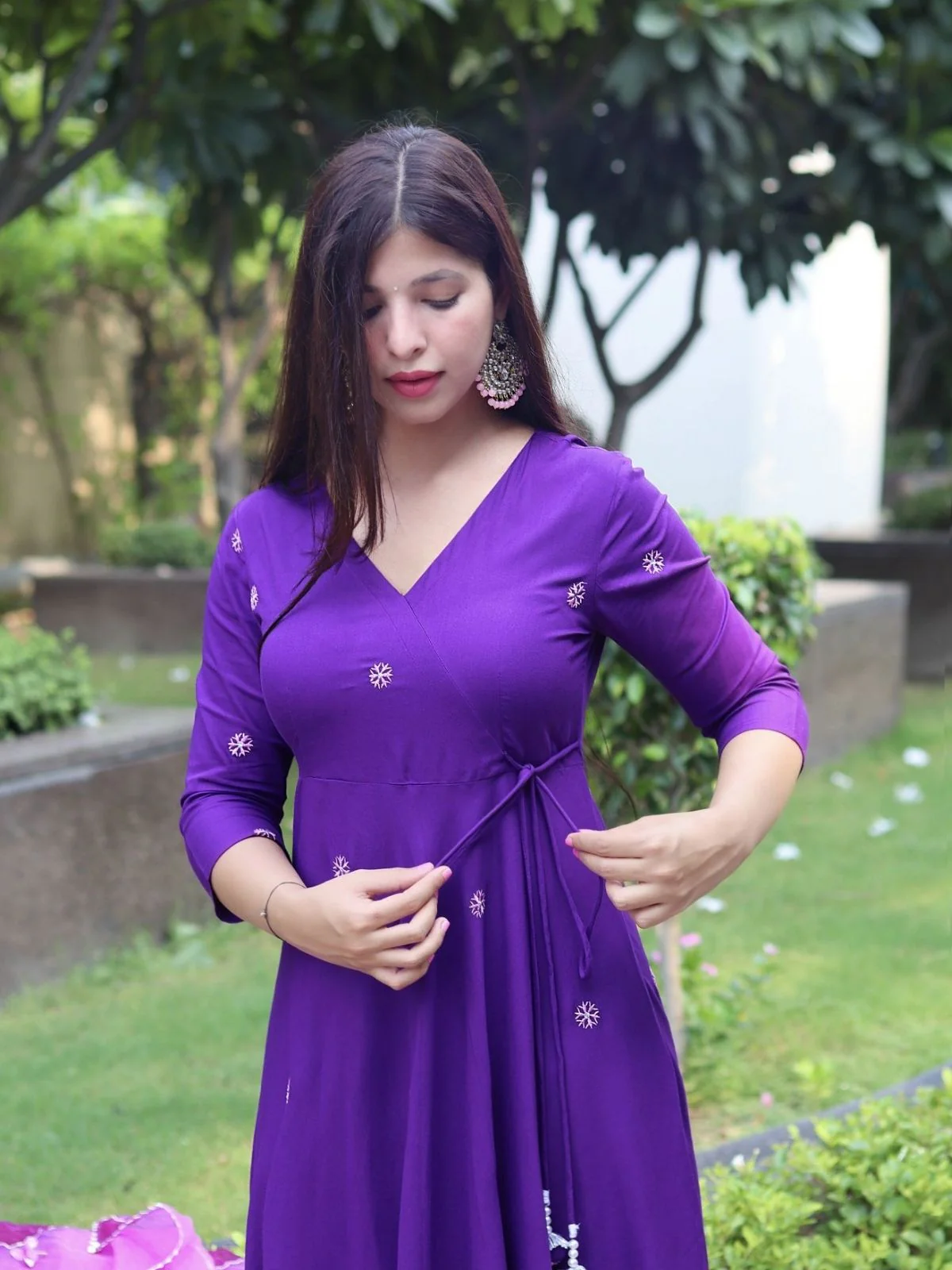 Odette Purple Viscose Embroidered Stiched Kurta Set For Women - Image 4