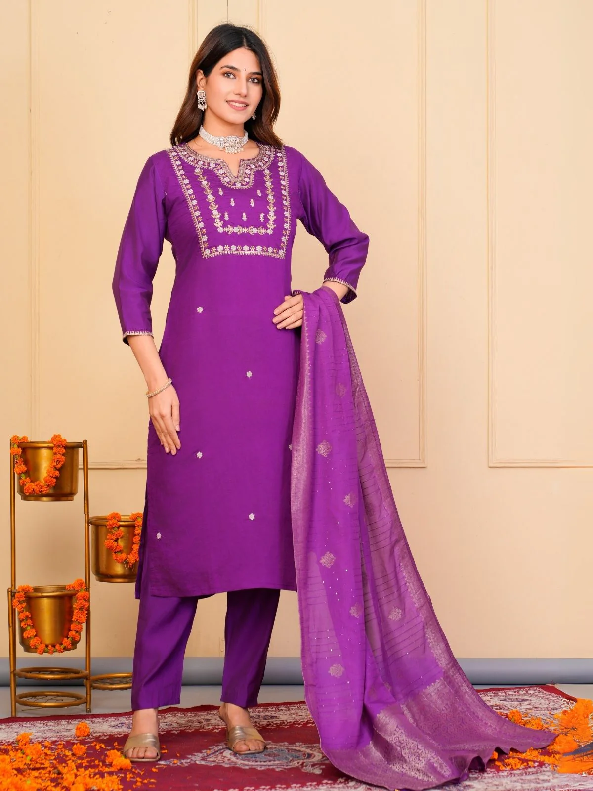 Odette Purple Viscose Embroidered Stitched Kurta Set For Women - Image 2