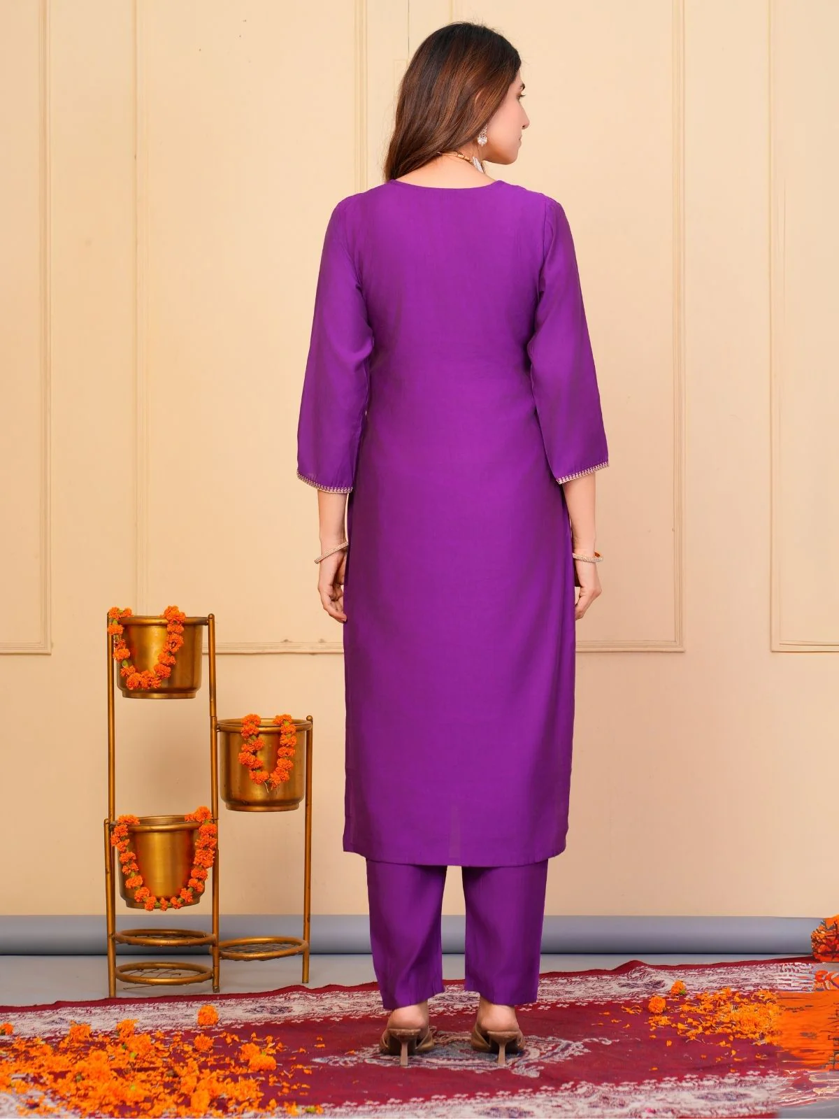 Odette Purple Viscose Embroidered Stitched Kurta Set For Women - Image 4