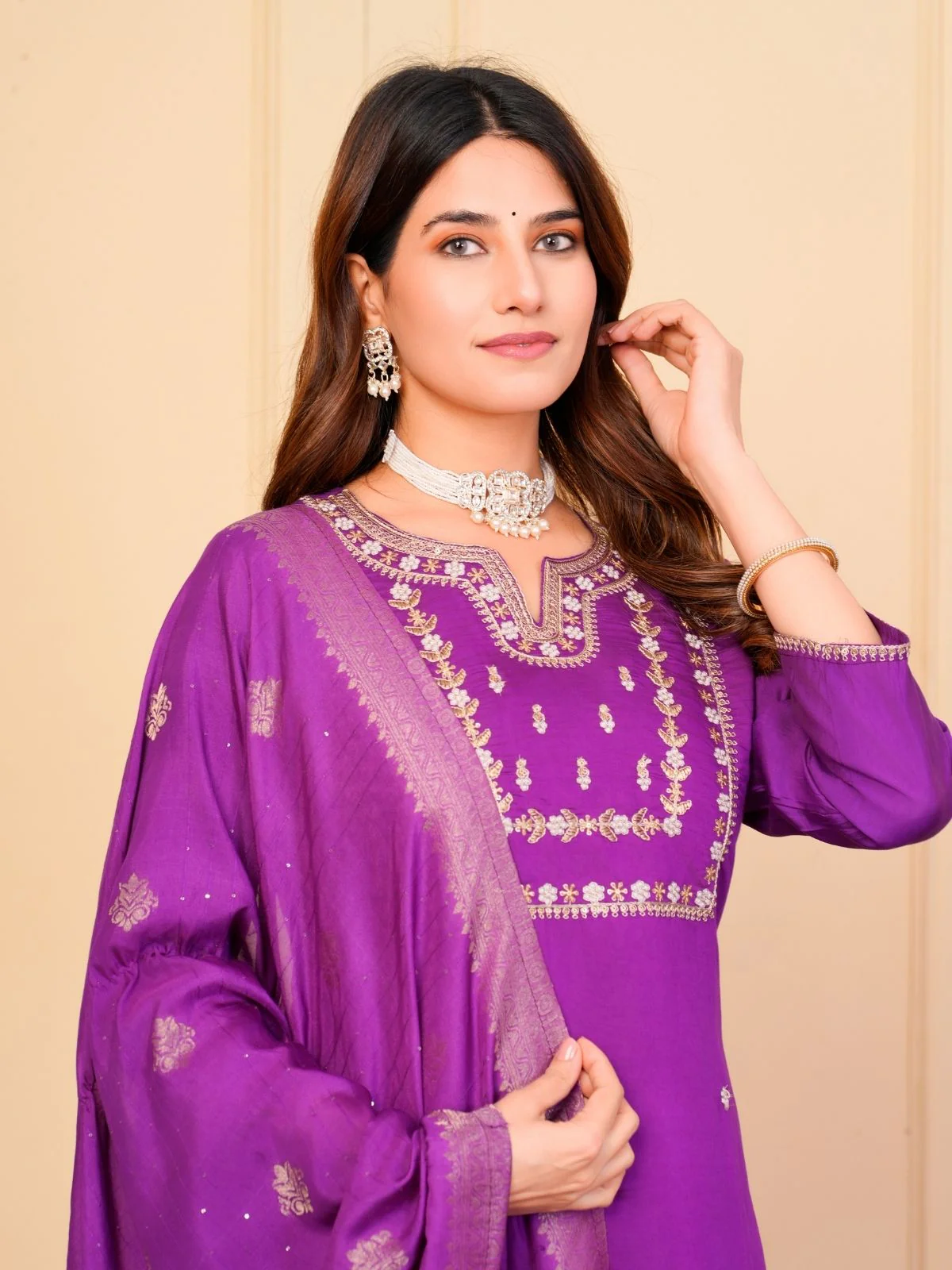 Odette Purple Viscose Embroidered Stitched Kurta Set For Women - Image 5