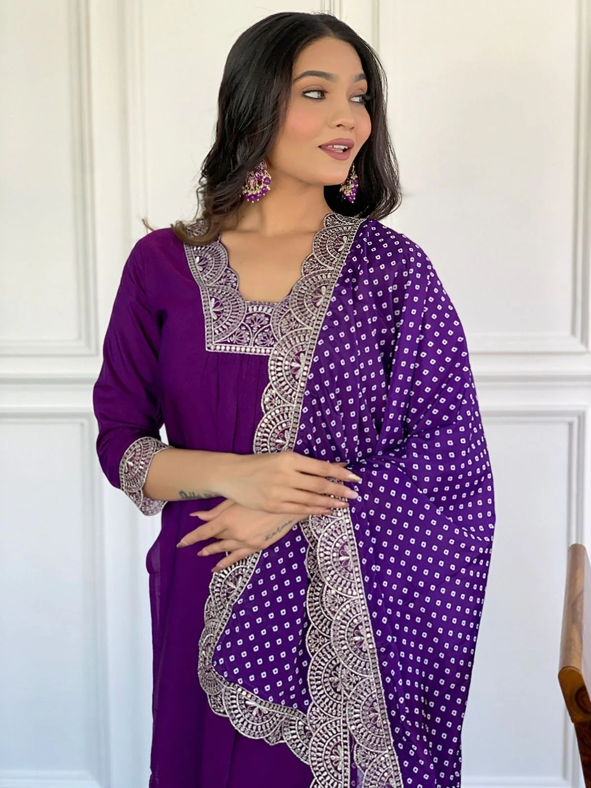 Odette Purple Viscose Lace Work Stitched Kurta Set for Women - Image 3