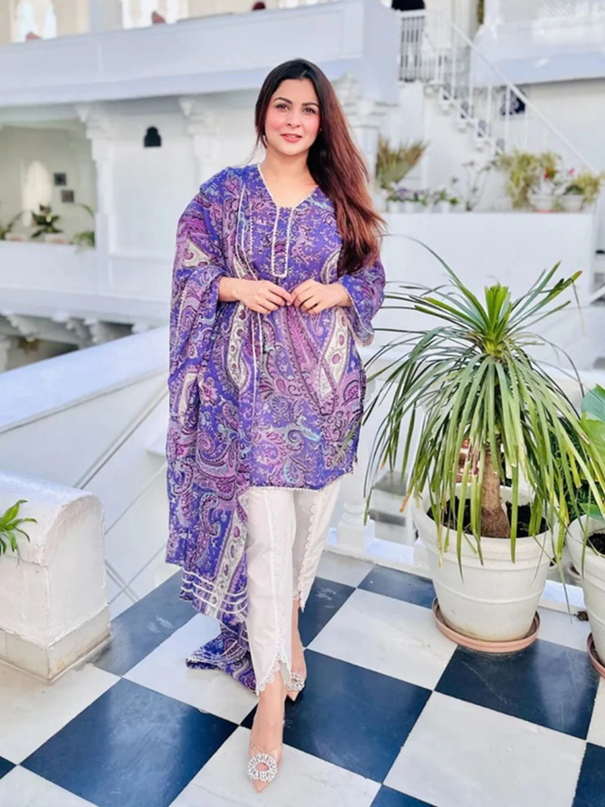 Odette Purple Viscose Printed Stiched Kurta Set For Women