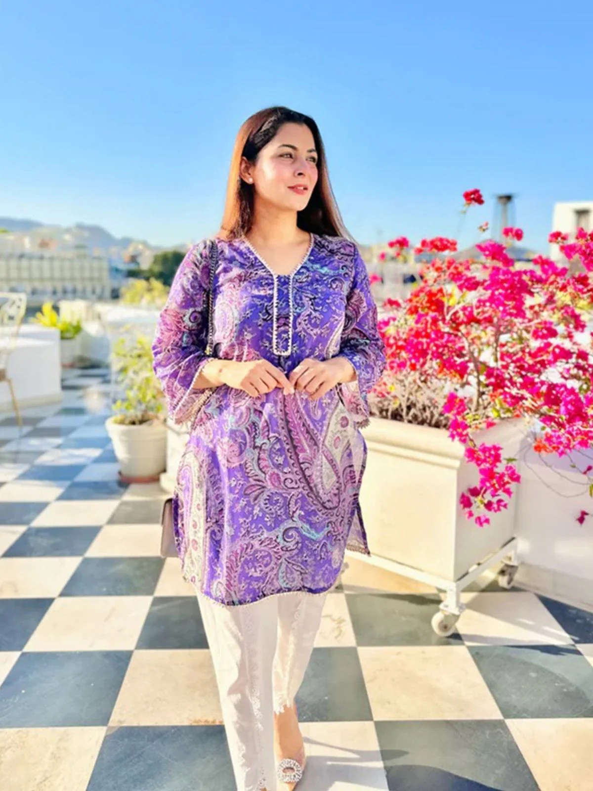Odette Purple Viscose Printed Stiched Kurta Set For Women - Image 3