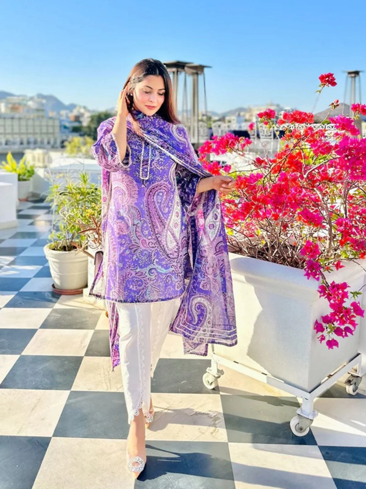 Odette Purple Viscose Printed Stiched Kurta Set For Women - Image 4