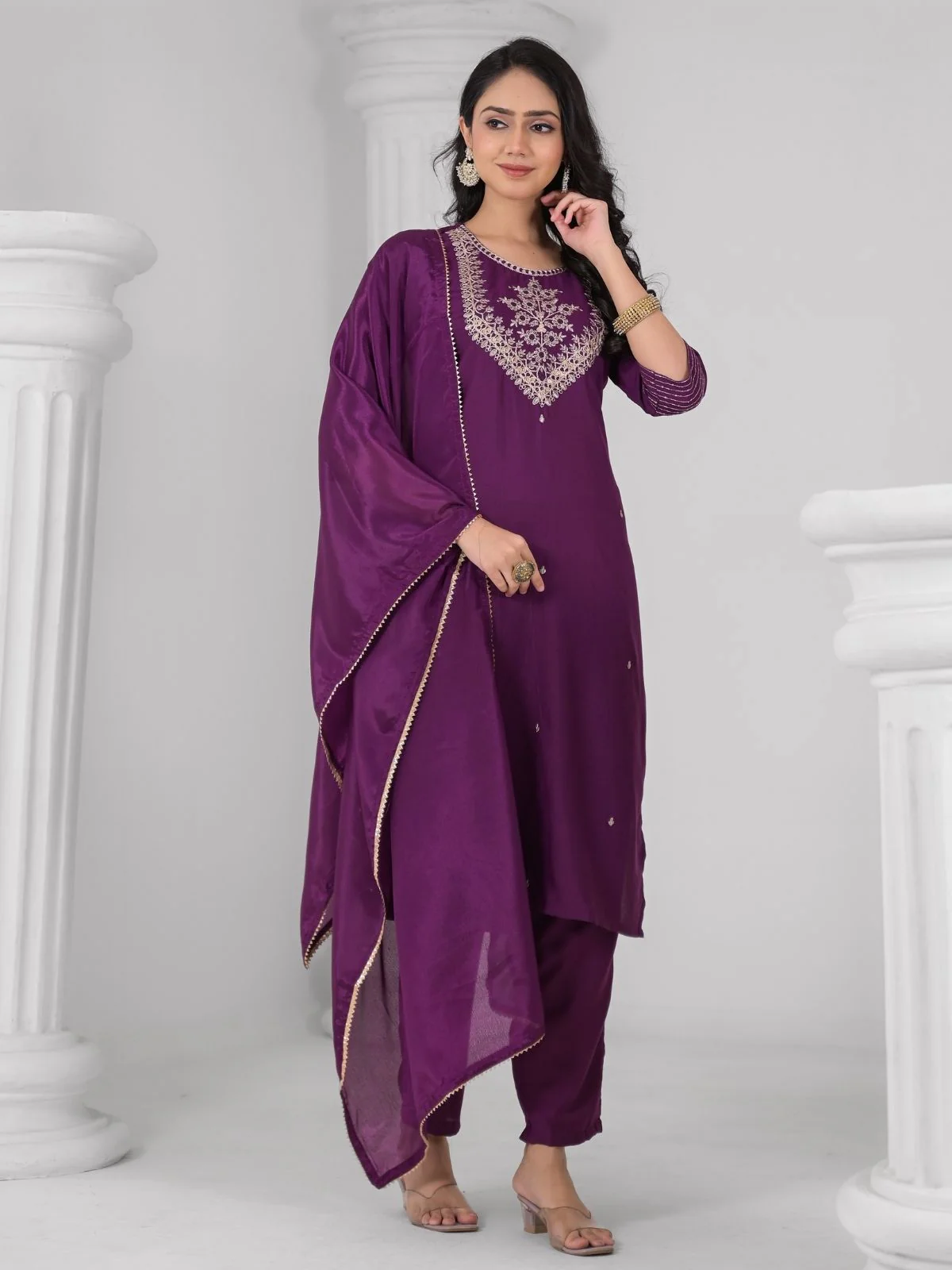 Odette Purple Viscose Rayon Embroidered Stitched Kurta Set For Women - Image 2