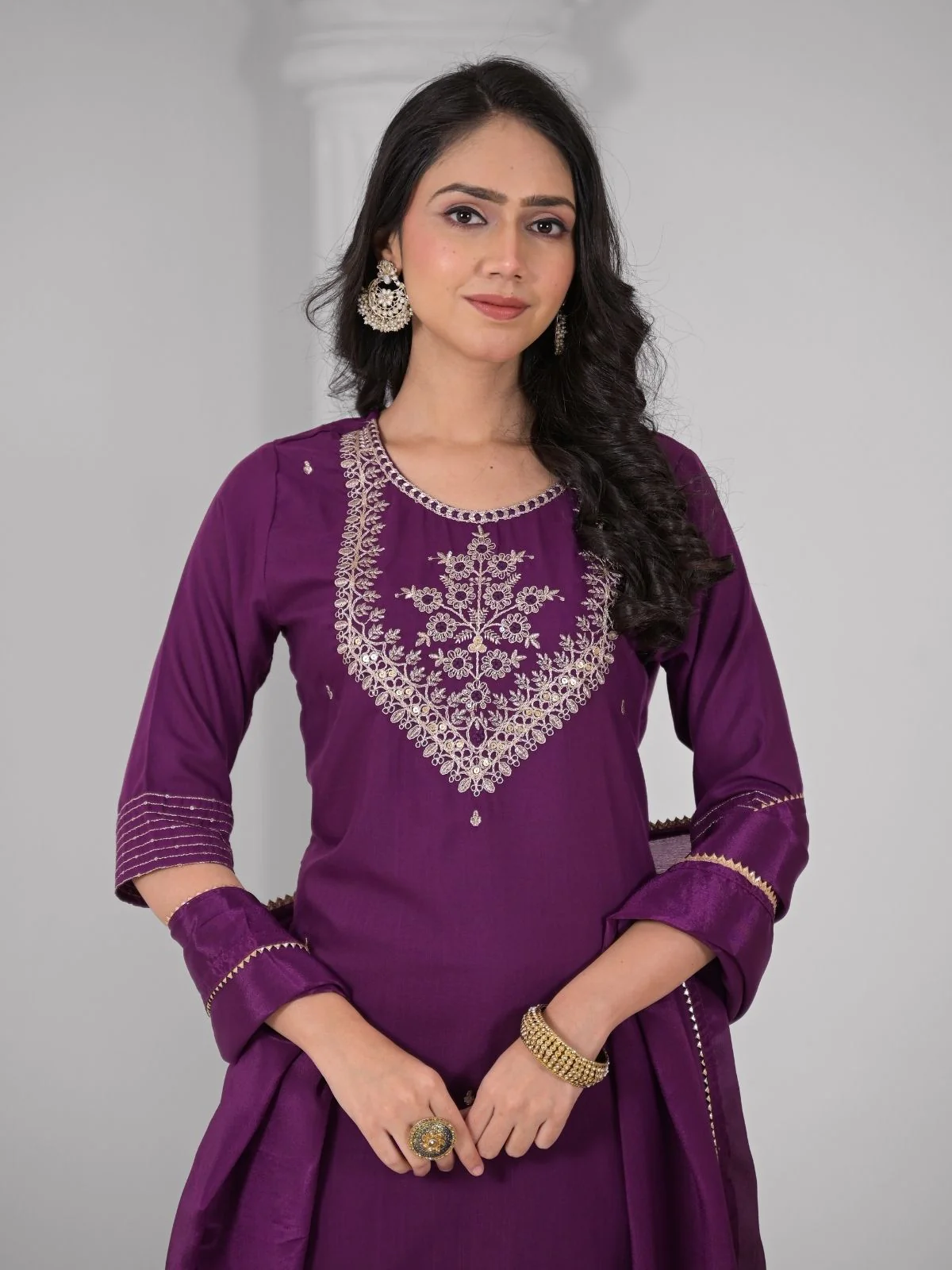 Odette Purple Viscose Rayon Embroidered Stitched Kurta Set For Women - Image 5