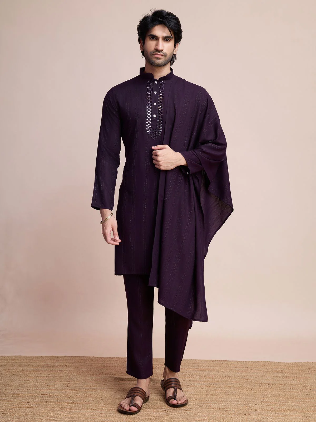 Odette Purple Viscose Rayon Mirror Work Stitched Kurta Set For Men - Image 2