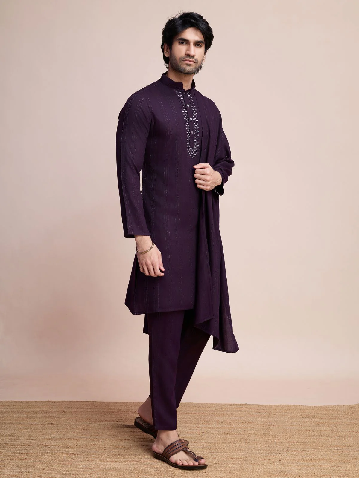 Odette Purple Viscose Rayon Mirror Work Stitched Kurta Set For Men - Image 3