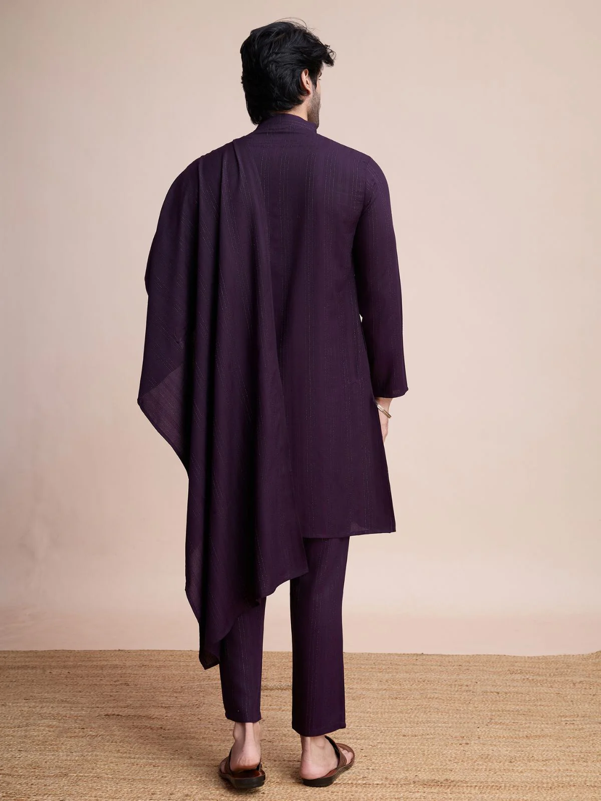 Odette Purple Viscose Rayon Mirror Work Stitched Kurta Set For Men - Image 5