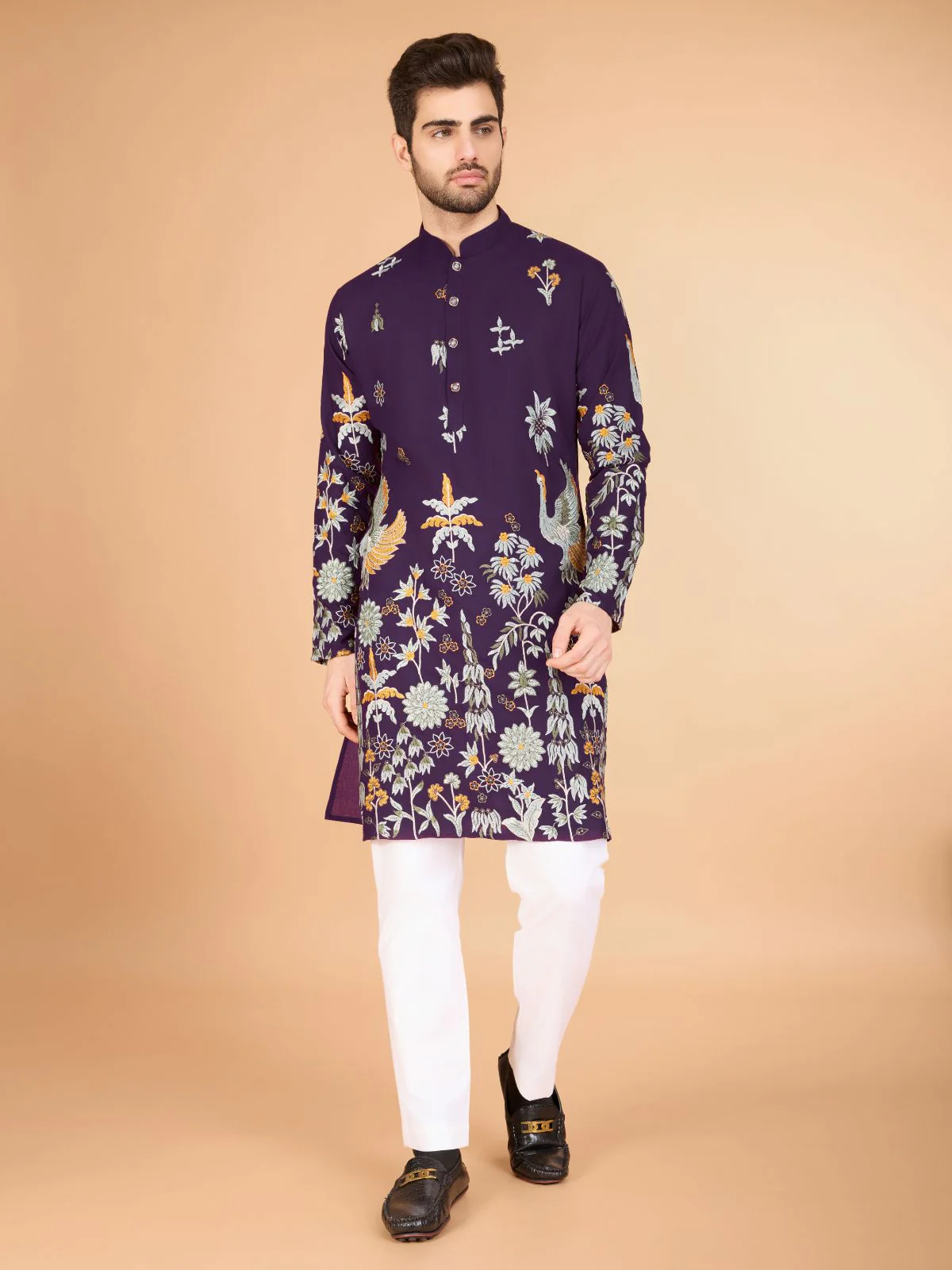 Odette Purple Viscose Rayon Stitched Kurta For Men - Image 3