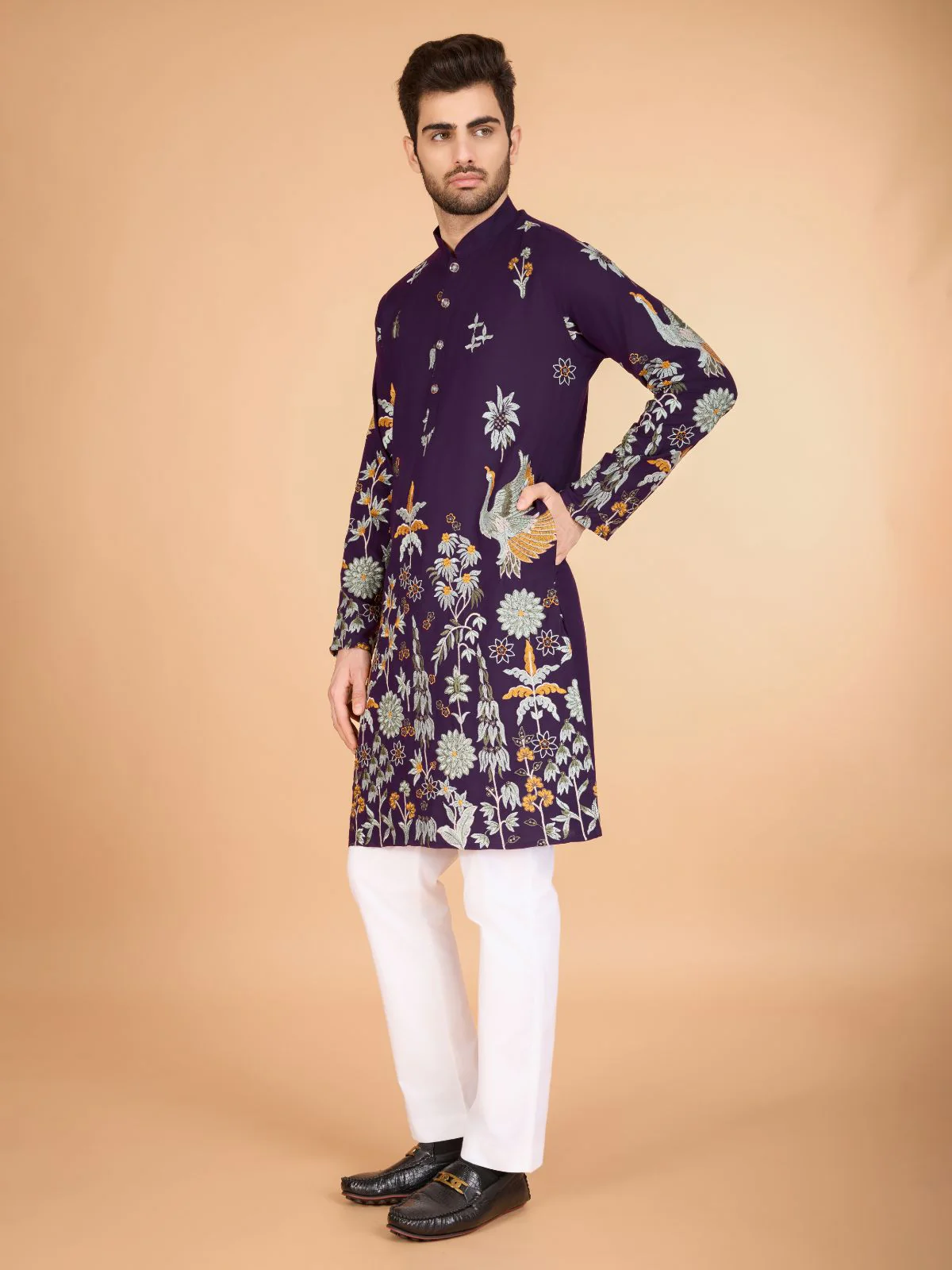 Odette Purple Viscose Rayon Stitched Kurta For Men - Image 4