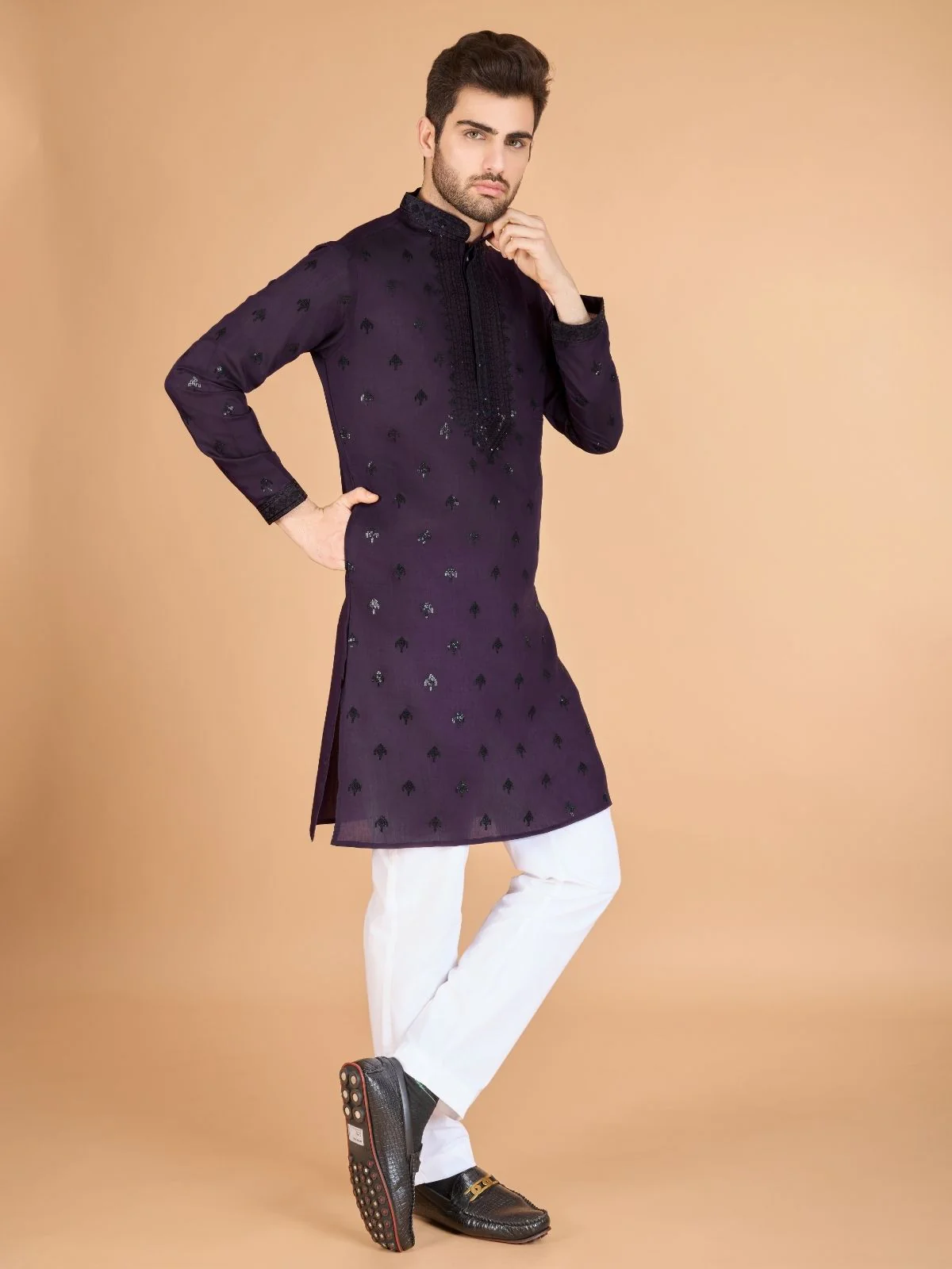 Odette Purple Viscose Silk Embellished Stitched Kurta For Men - Image 2