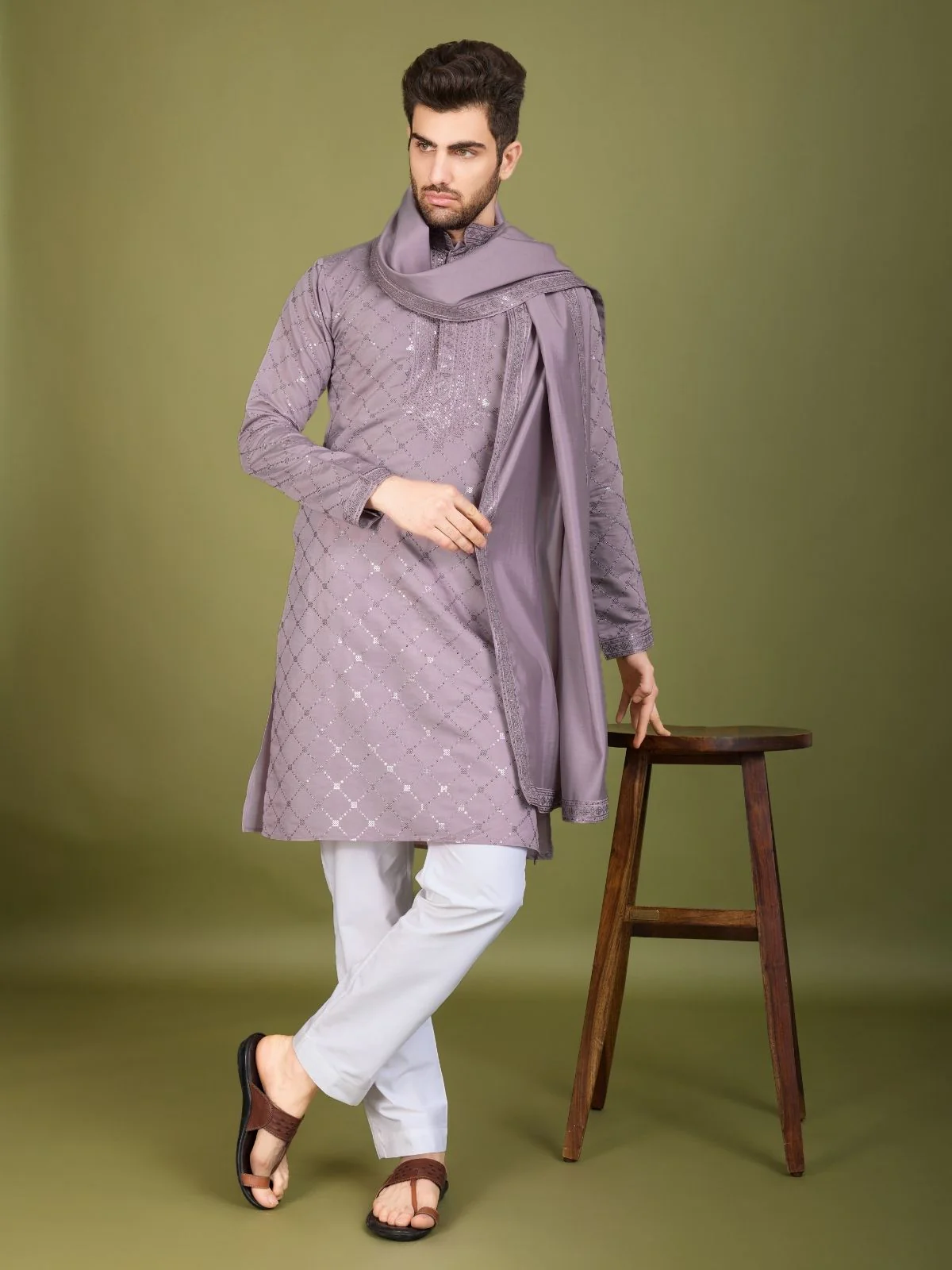 Odette Purple Viscose Silk Embellished Stitched Kurta For Men