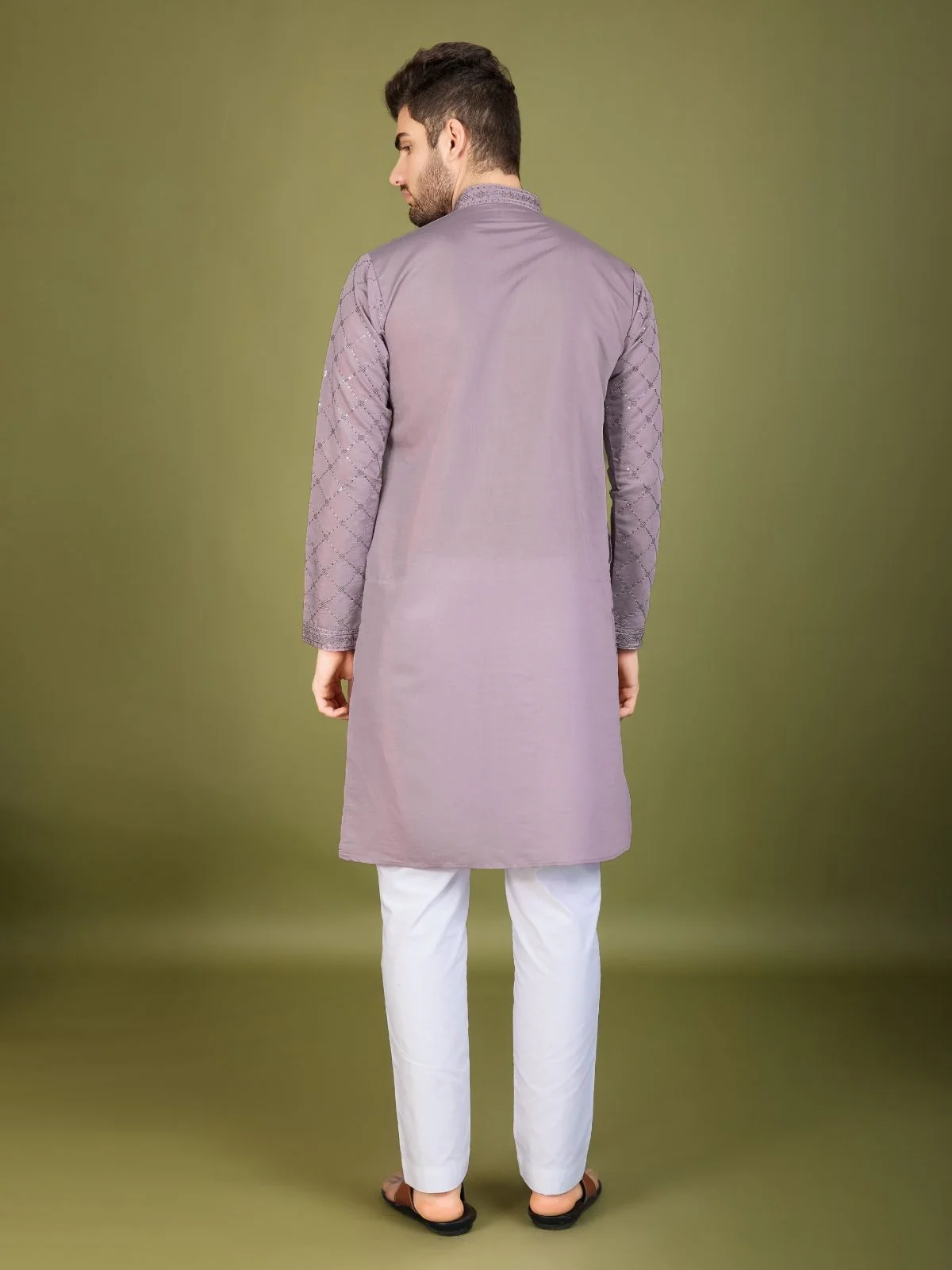 Odette Purple Viscose Silk Embellished Stitched Kurta For Men - Image 4
