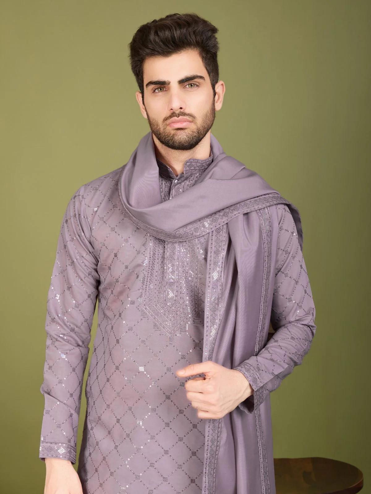 Odette Purple Viscose Silk Embellished Stitched Kurta For Men - Image 5