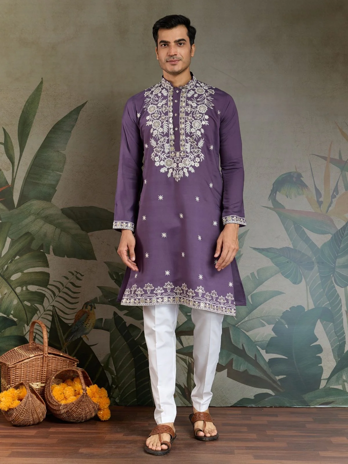 Odette Purple Viscose Silk Embroidered Stitched Kurta For Men