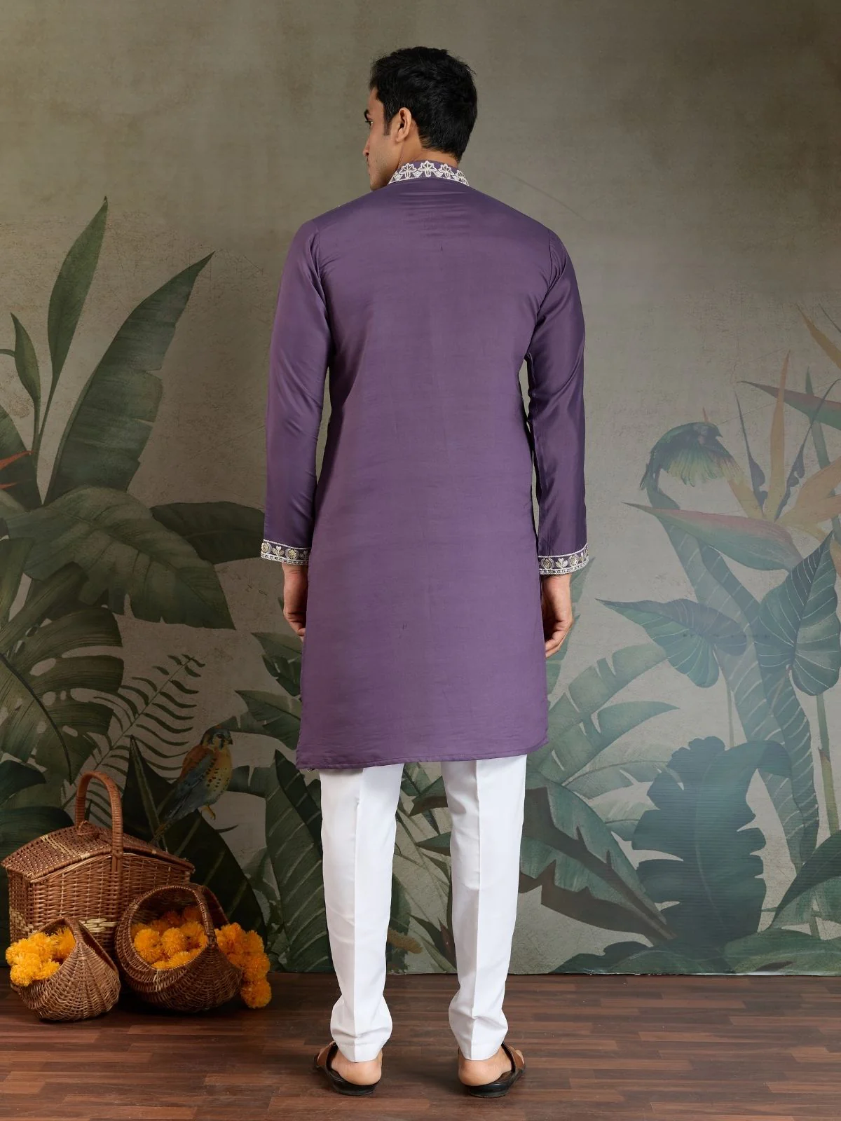 Odette Purple Viscose Silk Embroidered Stitched Kurta For Men - Image 5