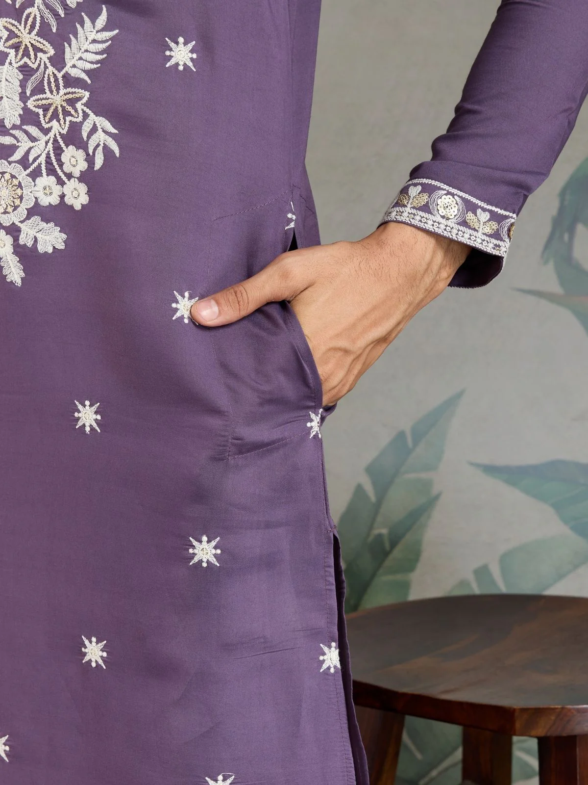 Odette Purple Viscose Silk Embroidered Stitched Kurta For Men - Image 6