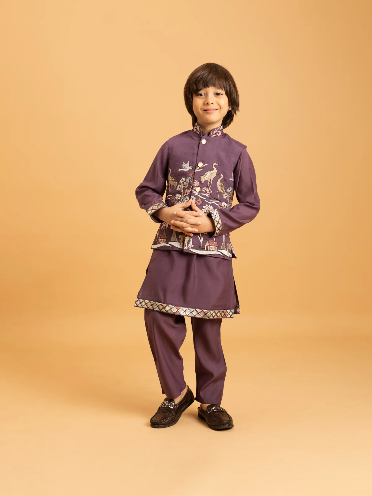Odette Purple Viscose Silk Embroidered Stitched Kurta Set For Kids - Image 2