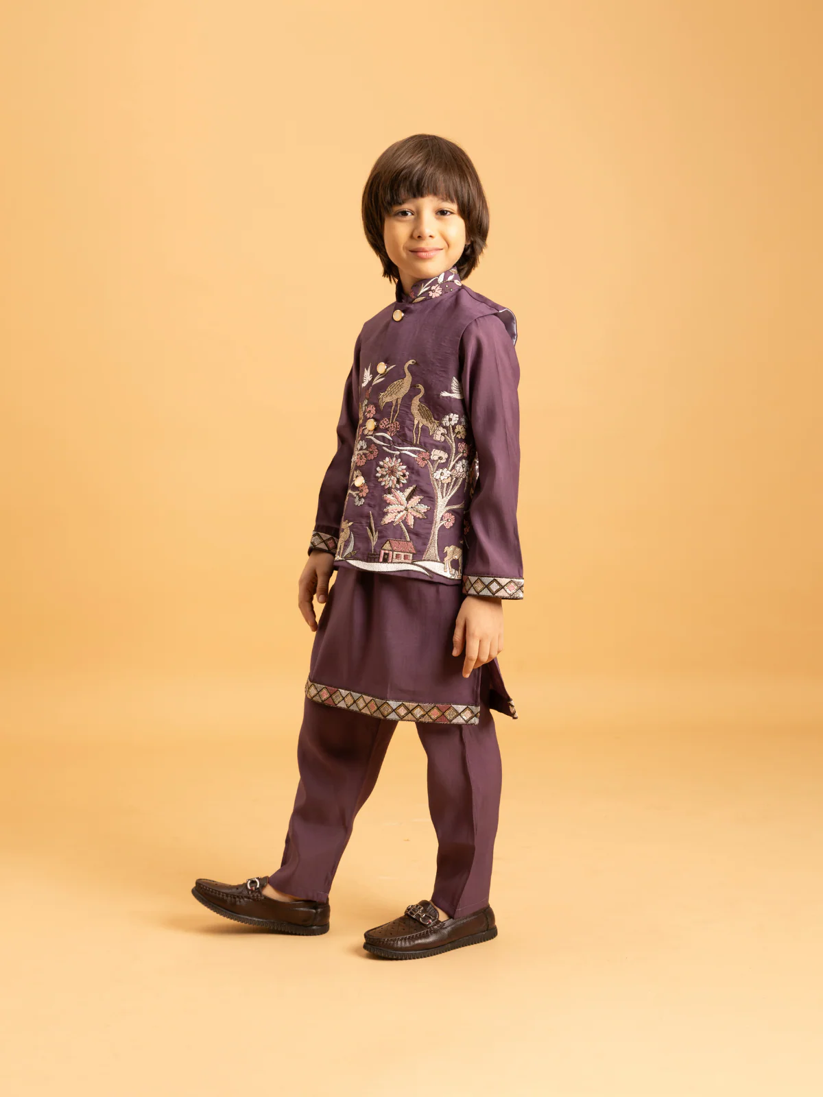 Odette Purple Viscose Silk Embroidered Stitched Kurta Set For Kids - Image 3