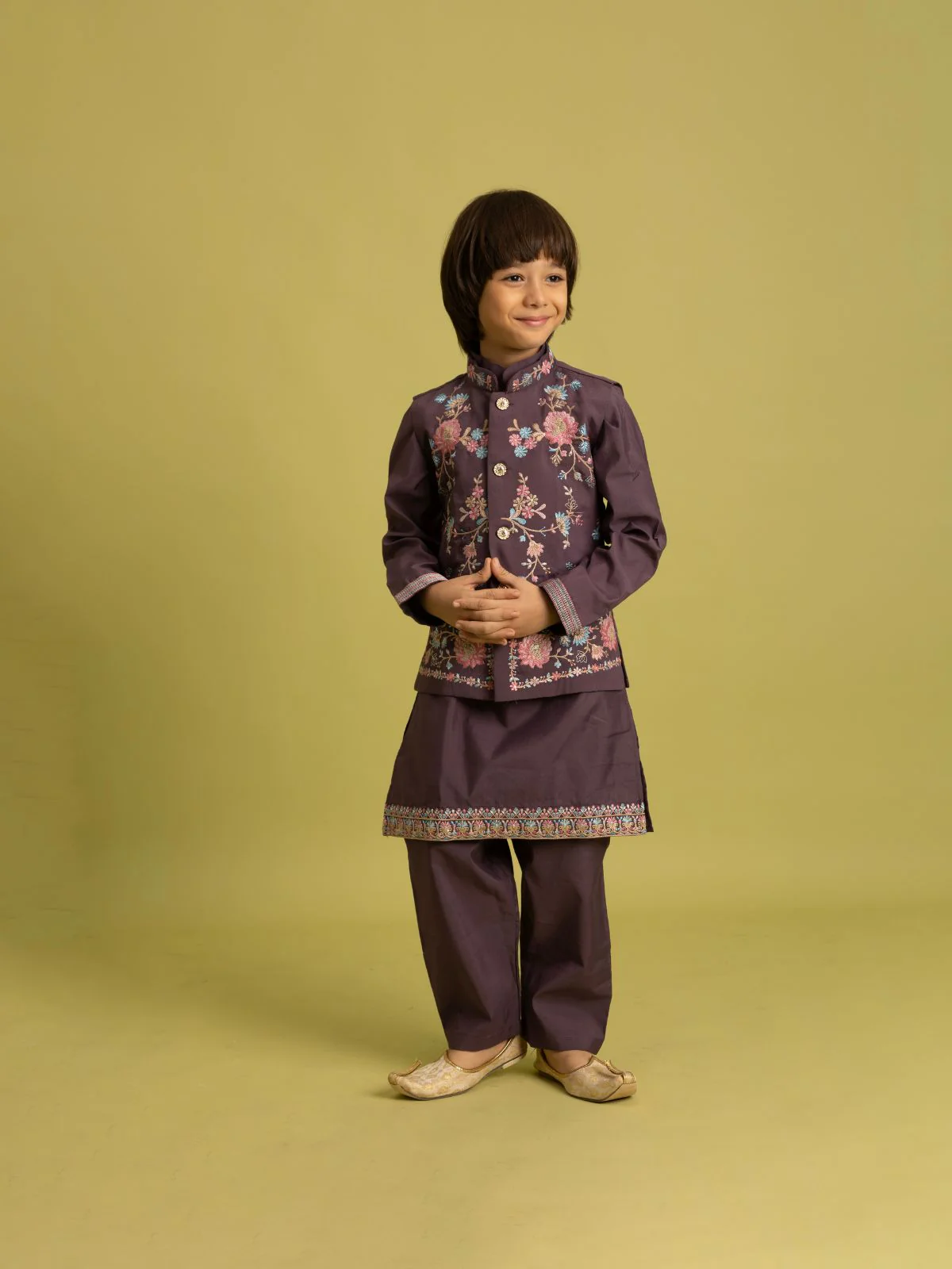 Odette Purple Viscose Silk Embroidered Stitched Kurta Set For Kids - Image 2