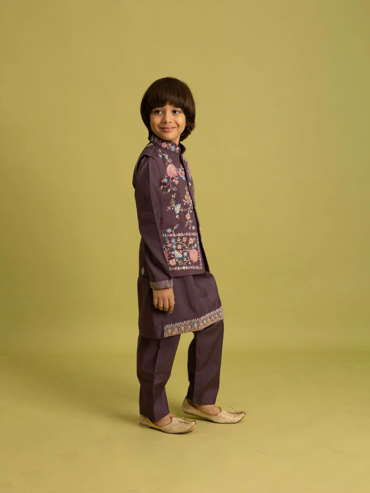 Odette Purple Viscose Silk Embroidered Stitched Kurta Set For Kids - Image 4