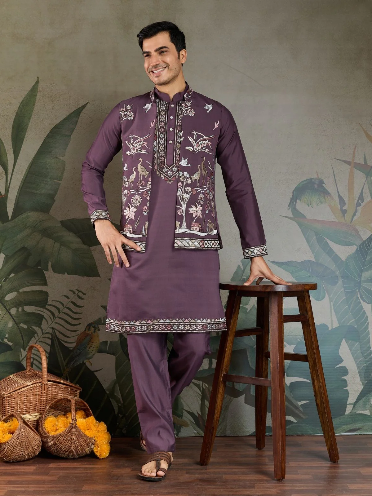 Odette Purple Viscose Silk Embroidered Stitched Kurta Set For Men - Image 2